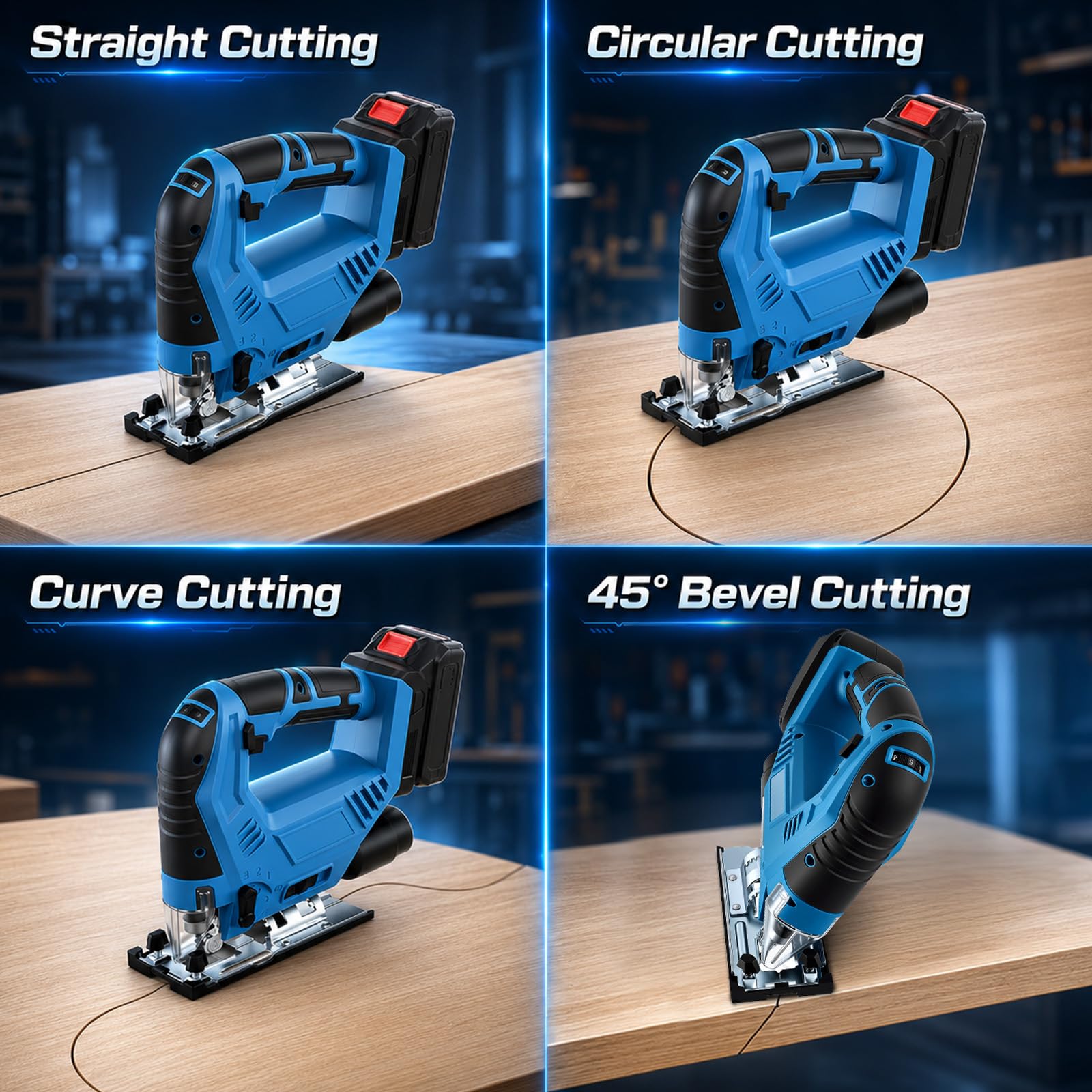 Sierra de calar con batería compatible con baterías Makita de 18 V, sierra de calar pendular con 7 velocidades, corte de inglete de ± 45°, luz LED, cambio de hoja de sierra sin herramientas, para