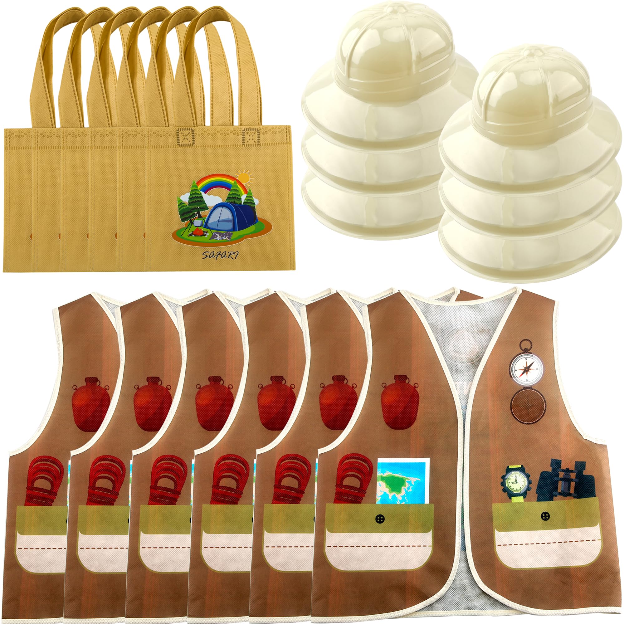 Flotory 18 Pcs Kids Explorer Costume Vest Set Include 6 Explorer Safari Vest 6 Plastic Adventure Hats 6 Tote Bag for Boys Girls Outdoor Activity