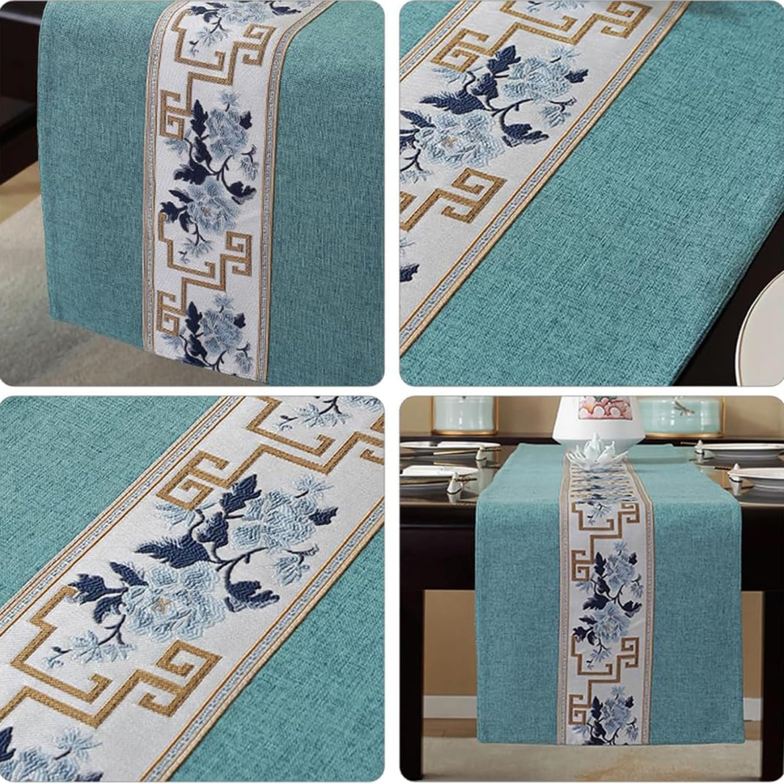 Beżowy lniany bieżnik na stół z makramy, 33 x 160 cm, idealny na imprezy świąteczne i do codziennego użytku