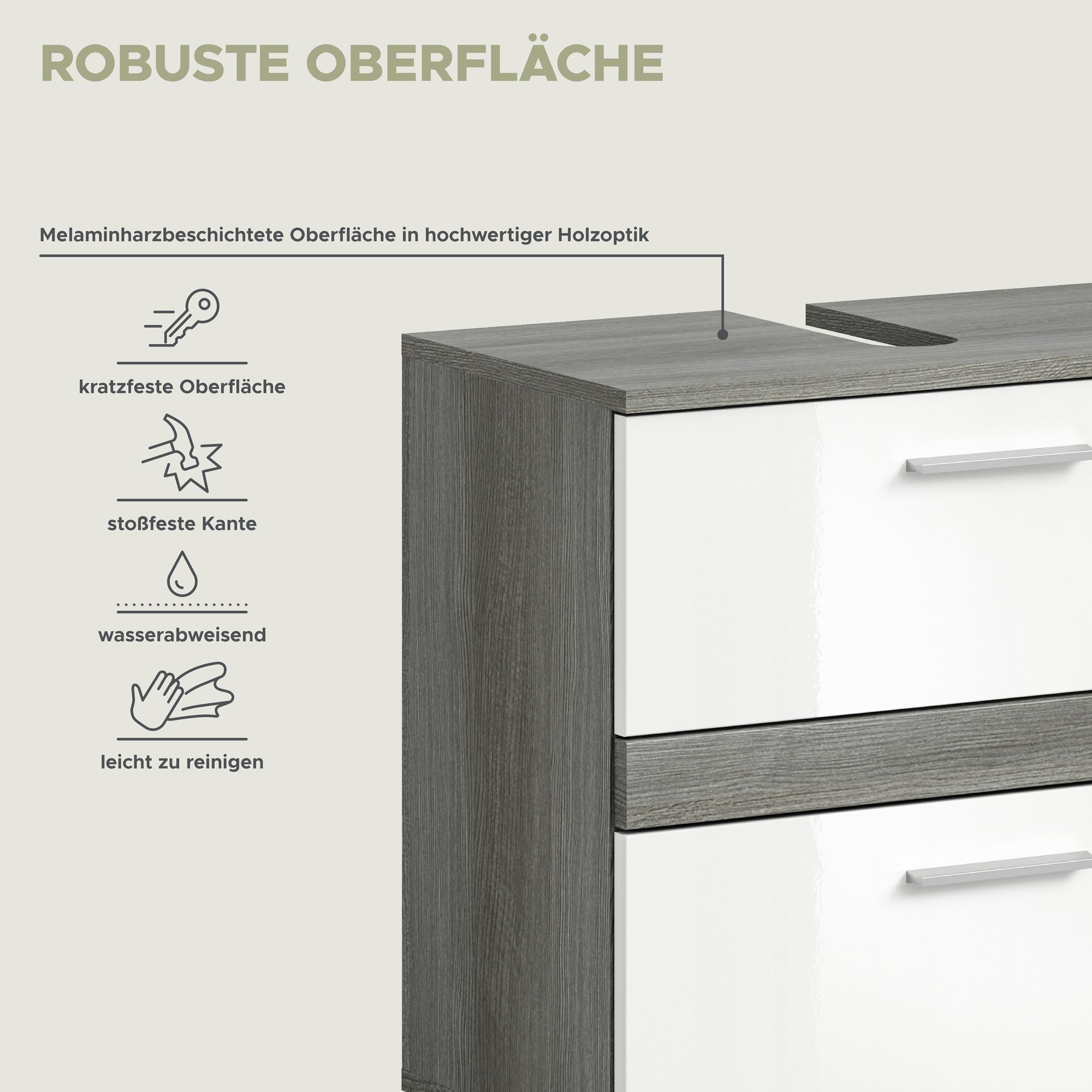 xonox.home Łazienka Blake X02B2707 szafka pod umywalkę szafka z przodu biała wysoki połysk korpus srebro przydymione nb.ok. 60x57x34 cm z 2 szufladami