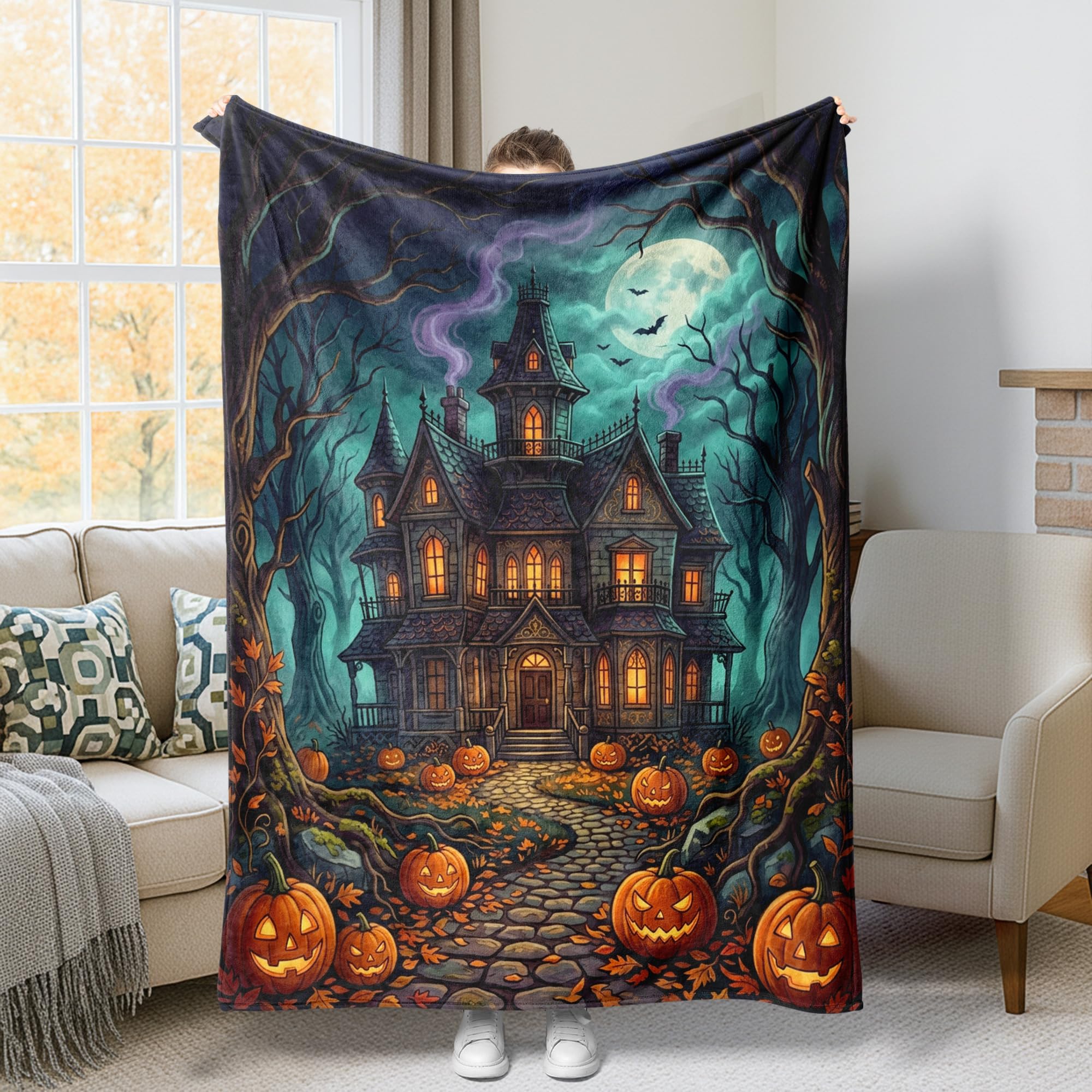 Couverture en flanelle Halloween plaid doux motif citrouille jeté de lit salon 152x203cm