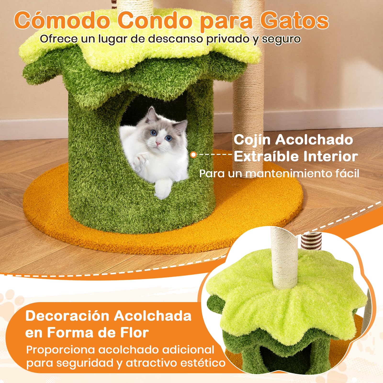 GYMAX Árbol para Gatos con Tema Hamburguesa 117 cm, Árbol de Varios Niveles con Cama Cesta, Posadero Acolchado, Condo, Rascadores de Sisal, Plataformas, Juguete Colgante