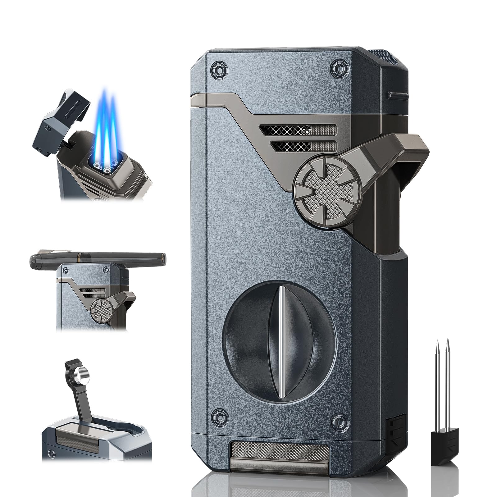 5-in-1 Torch Lighter with Holder Nubber Cutter Punch Adjustable Windproof 4 Jet Flame Refillable Butane Lighter Multi-Functional Lighter