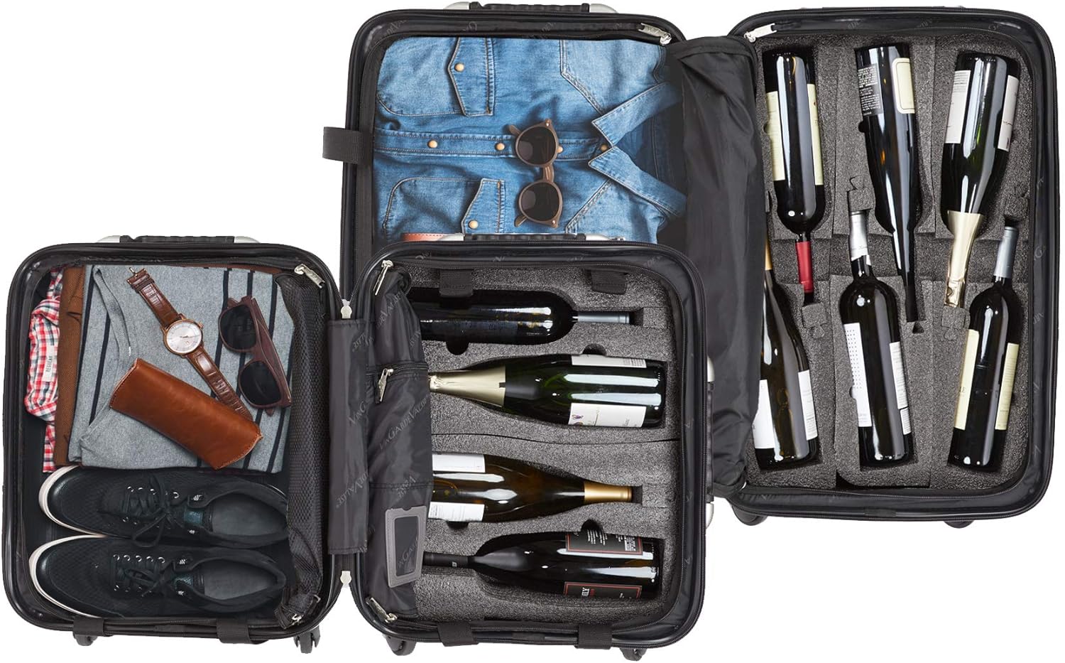 review VinGardeValise Bundle - 2 items Wine Travel Suitcase 12 & 8-bottle - With Personalized Luggage Nameplates - Grande 05 and Petite 03, Silver