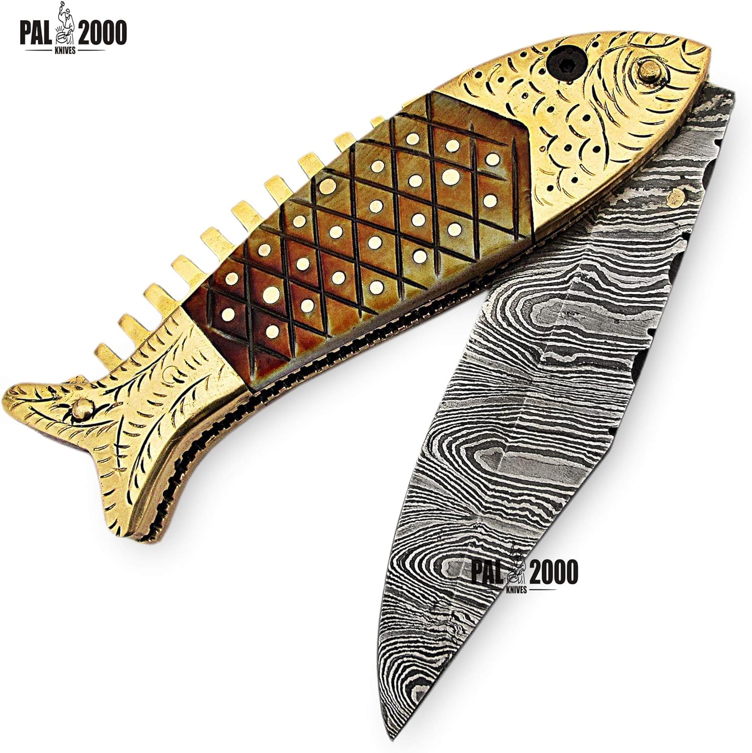 PAL 2000 KNIVES cuchillos de acero de damasco con funda de cuero