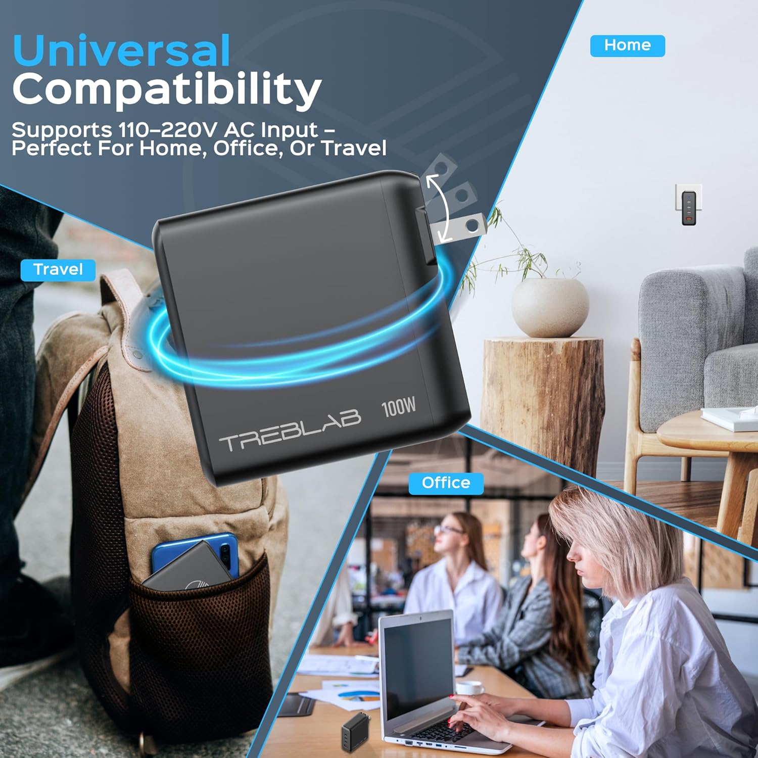 TREBLAB 100W Charger – 100W USB C Charger with Dual USB-C PD Ports, USB-A 30W Output, GaN Technology, Fast Charging Adapter with Wide Voltage Input, Type-C Cable Included – US/EU Compatible Plug