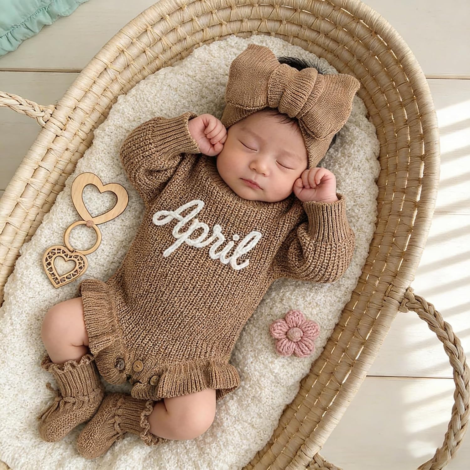 Personalized Embroidered Name Baby Romper Set, Newborn Coming Home Outfit, Cotton Knit Long Sleeve Sweater Romper, Gender Neutral Gift Pink