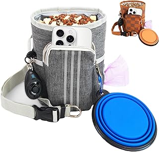 Dog Training Treat Pouch - Professional Waterproof Sling Bag & Fanny Pack | Magnetic 1-Hand Access, Phone Pocket | Includes Clicker, Collapsible Bowl & Poop Bag Dispenser (Gray Reflective)