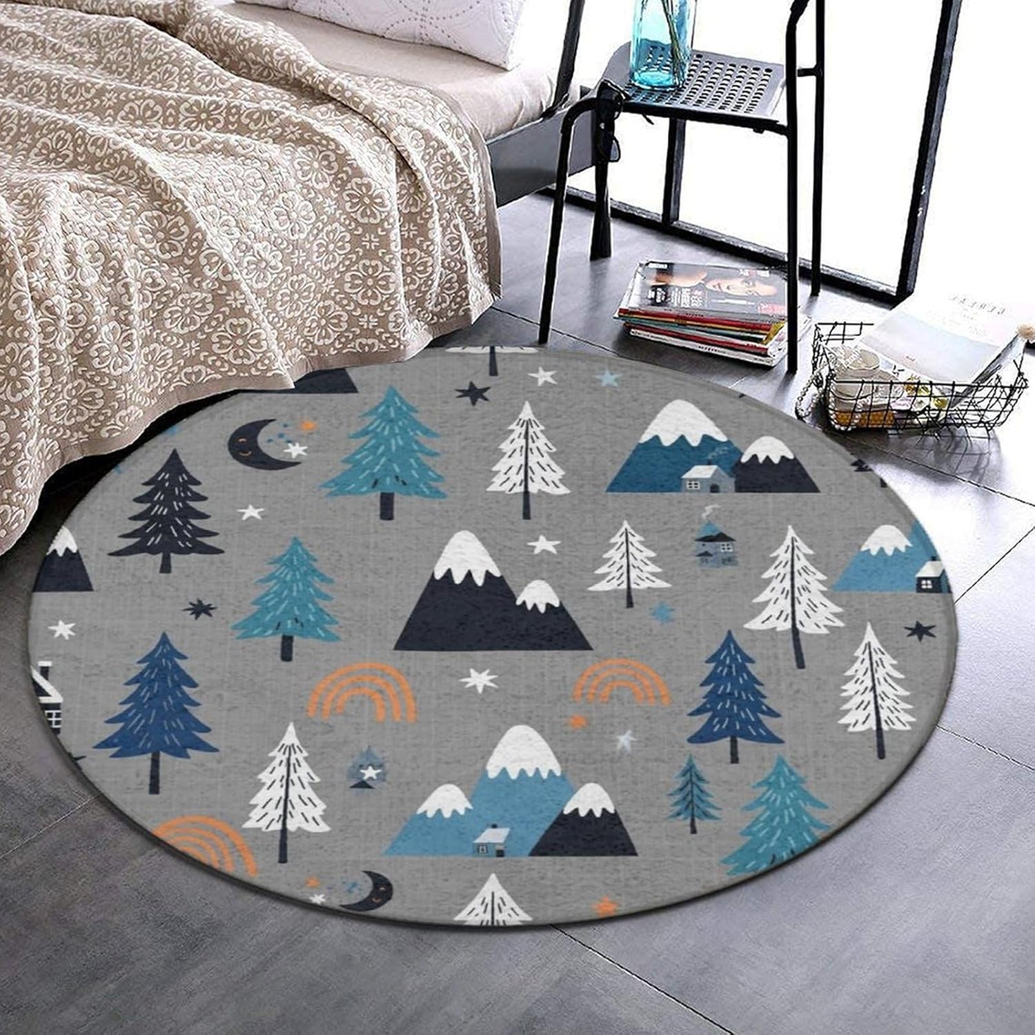 SWEET TANG Soft Round Area Rug Play Mat Circle Floor Mat Carpet Mat for Bedroom Living Room Nursery Decor, 5ft Diameter, Mountain Trees Grey Pattern, Diameter 60 Inch