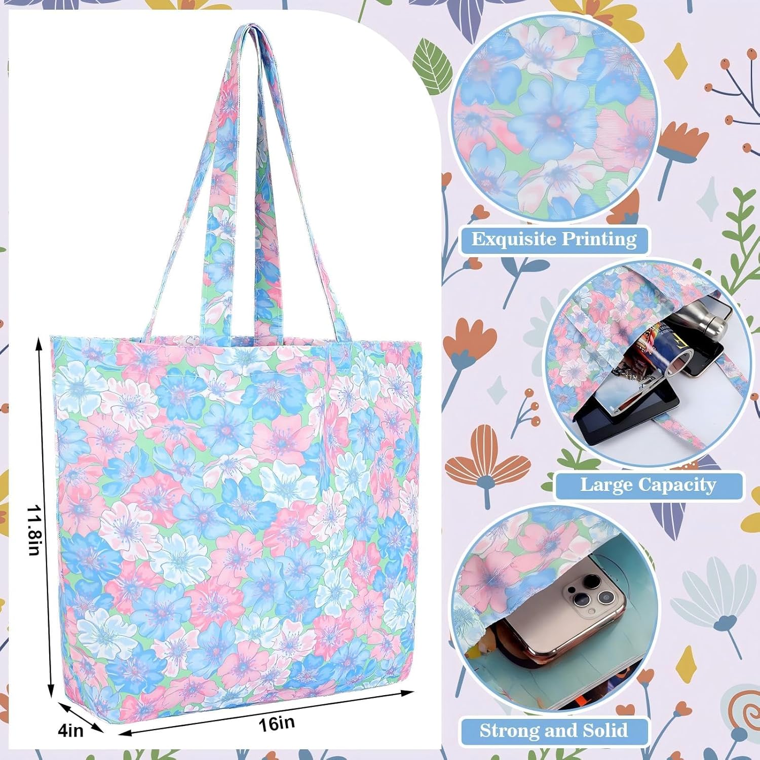 8 Pcs Cute Floral Tote Bag Bulk Reusable Floral Bridesmaid Tote Grocery Cloth Handbags Aesthetic Flower Shopping Shoulder Valentine Wedding Gift Bags for Women - Image 4