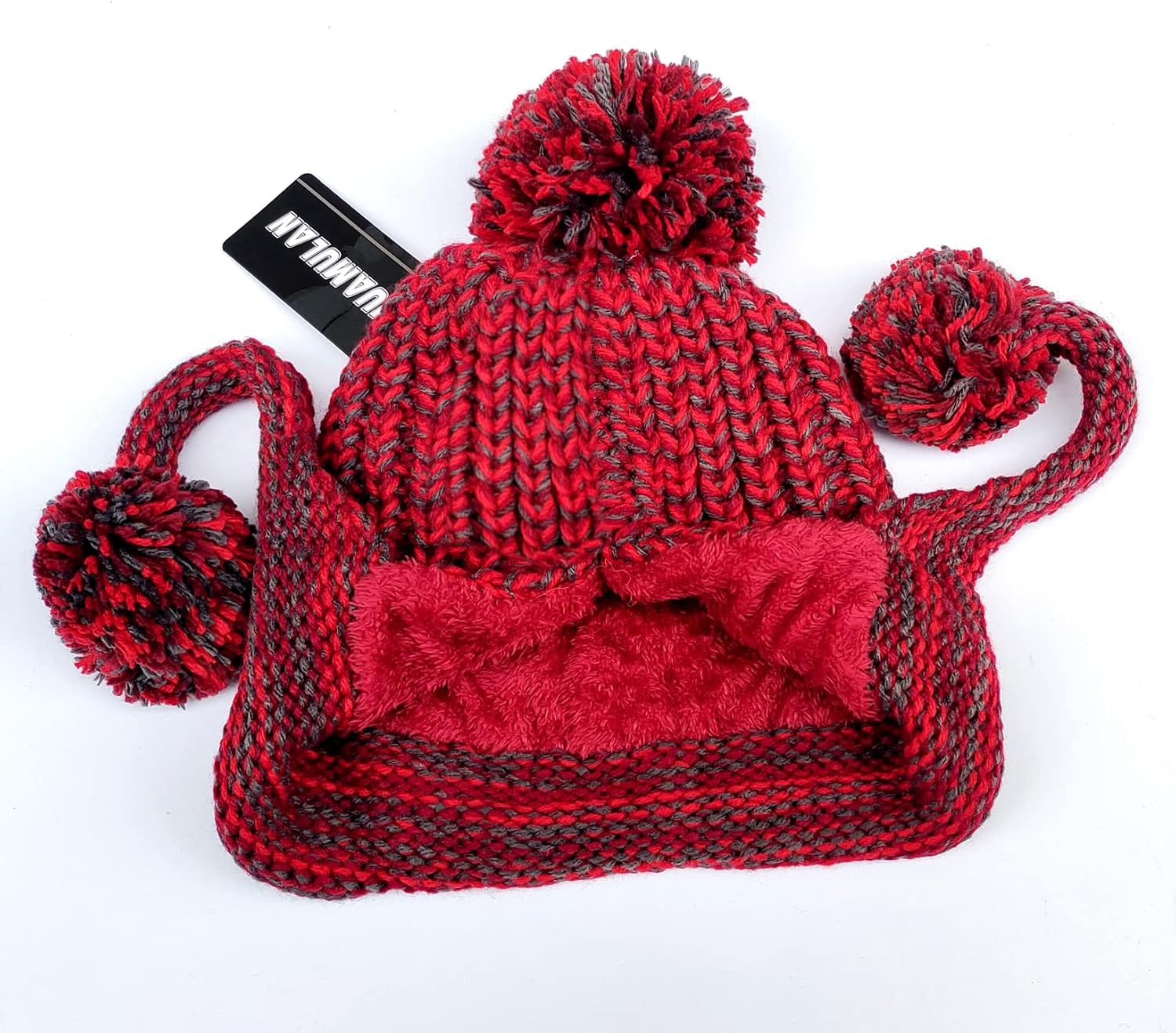 Women Winter Peruvian Cover Ears Beanie Hat Ear Flaps Sherpa Ski Snow Hats Knit Fleece Lined 3 Pom Pom - Image 3