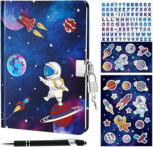 WERNNSAI Diario Luminoso Espacial para Niños, Diario Secreto con Llaves de Cerradura, Cuaderno de Diario con Bolígrafo y Calcomanías, Regalo