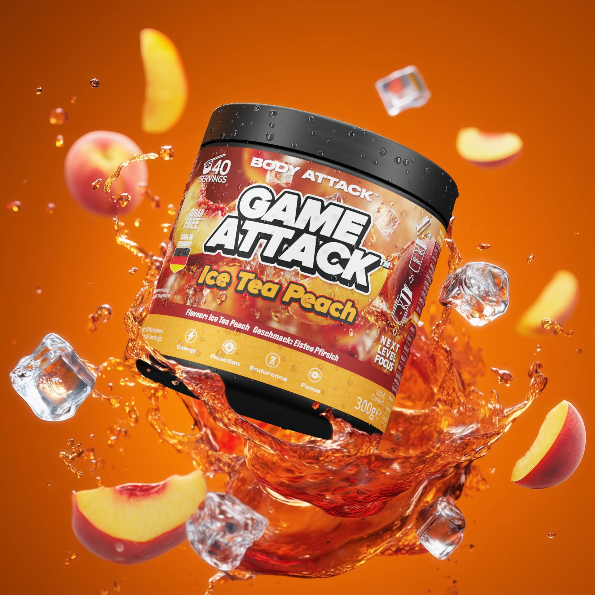 GAME ATTACK Gaming Booster - Ice Tea Peach - 300 g (40 Portionen) - Energy Drink Pulver für Fokus & Energie - 17 kcal/Portion - 18 Zutaten - geprüfte Qualität - Made in Germany