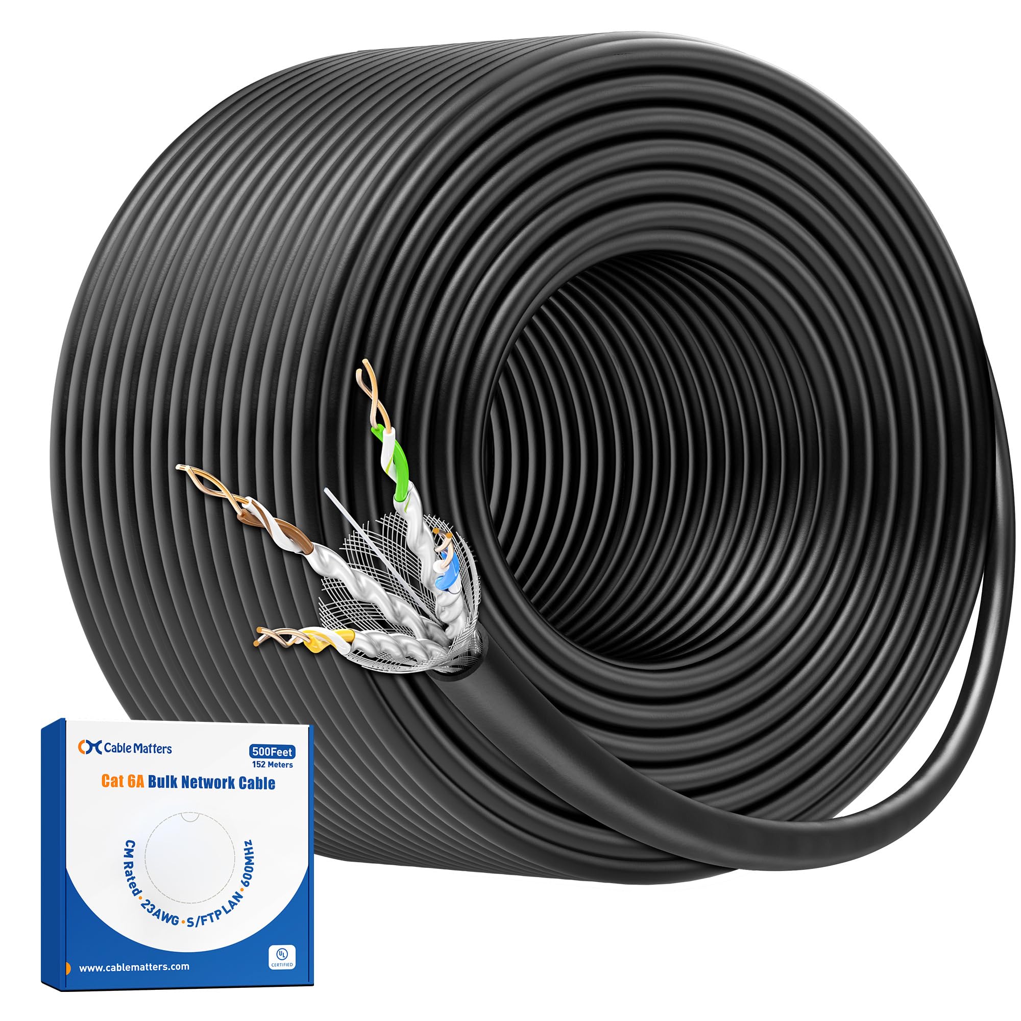 Cable Matters [Certifié UL] Câble Cat 6A blindé 10 Gbit/s 23 AWG, 152,4 m, noir | Câble Ethernet en vrac Cat6A en cuivre massif pour prises Keystone et panneaux de brassage, câble Ethernet en vrac Cat6A