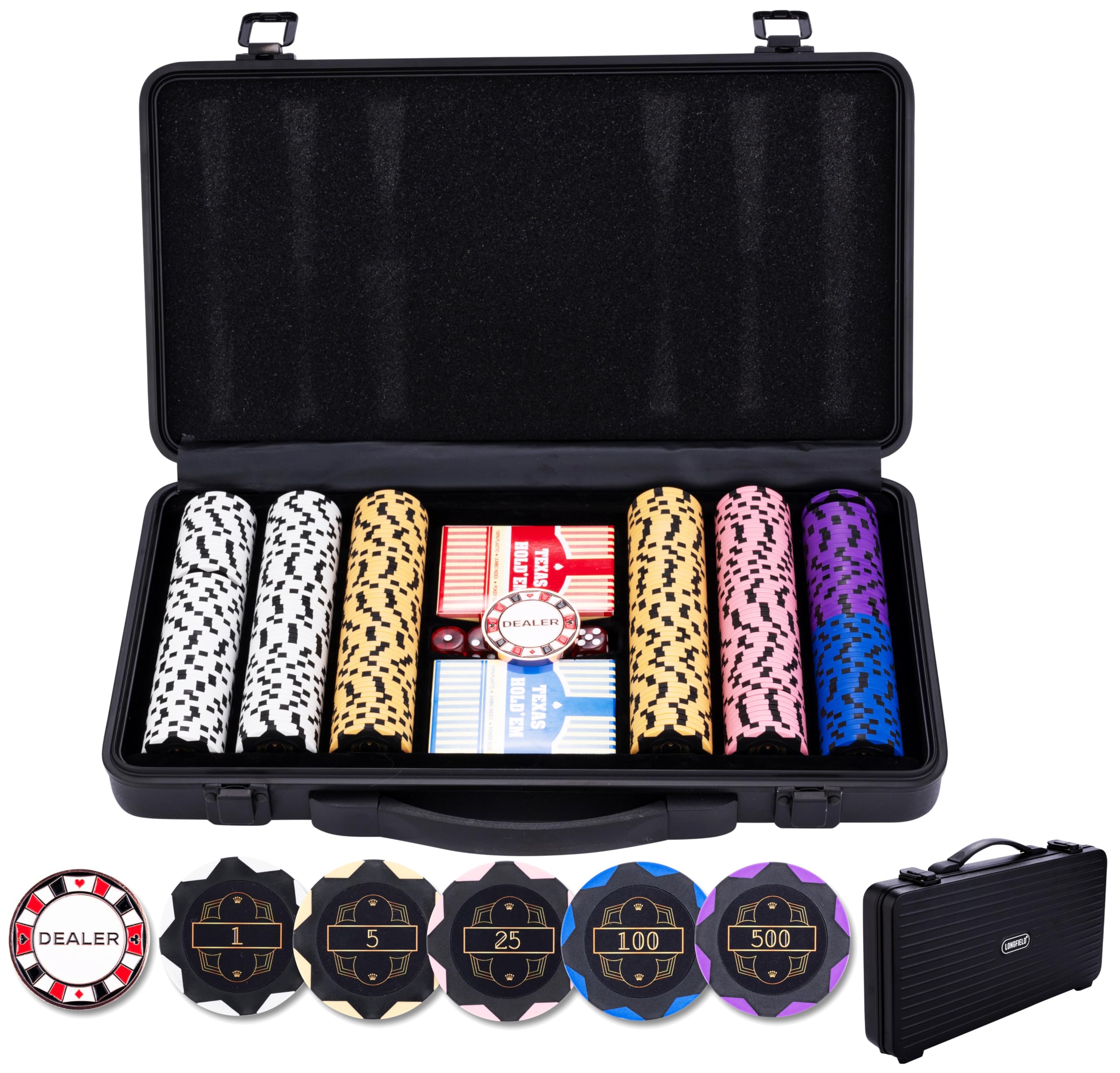 Engelhart - 320951 - Set Poker - Valigetta In Metallo Nero Con 300 Gettoni (14 G) Numerati (1 A 500), 2 Set Di Carte, 1 Bottone Da Croupier, 5 Dadi-image