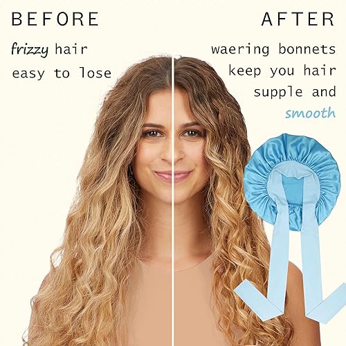 Miniatura 6 de Gorro de seda satinada para dormir, gorros grandes con banda de amarre con correas ajustables, gorras de dormir nocturnas para mujer, cabello rizado