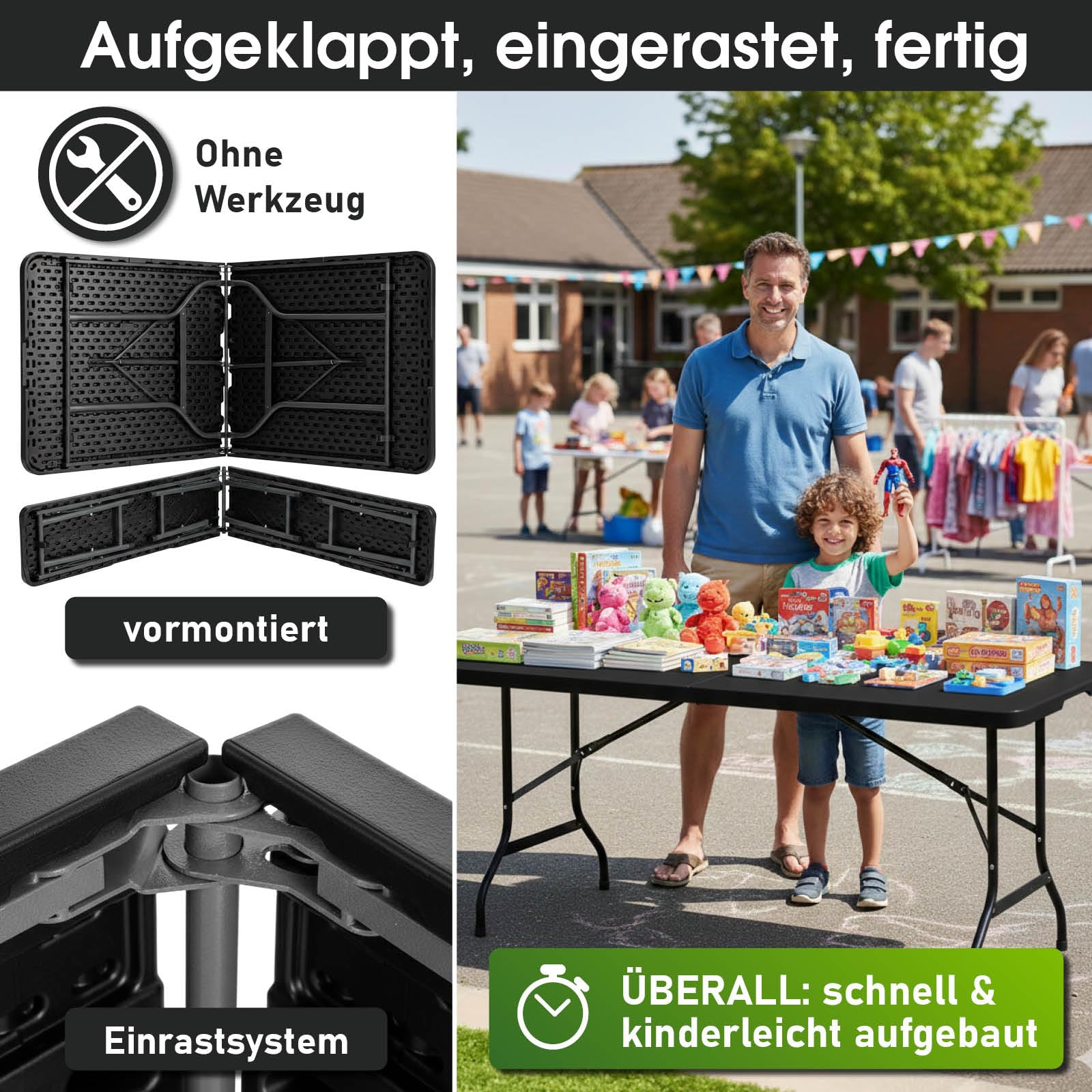 BRAST Bierzeltgarnitur Josef | 3er Set klappbar | 1x Tisch 180x74x74cm & 2X Sitzbank | für 10 Personen | 2 Varianten | inkl. Gratis Zubehör | Einrastsystem & Tragegriffe | Schwarz