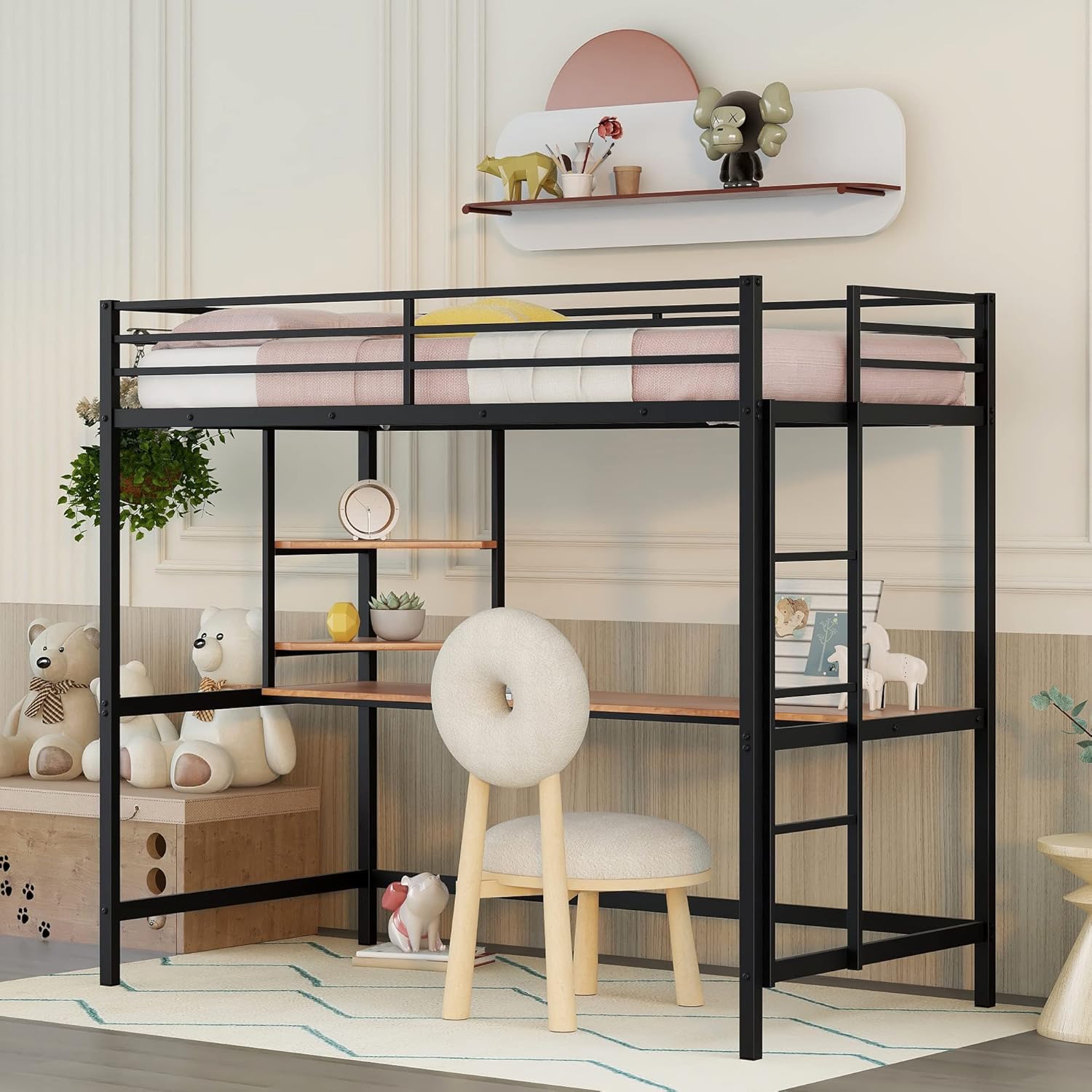 Twin Size Loft Bed with Desk and Storage Shelves, Metal Loft Bed Frame for Kids, Teens, Space-Saving Design, No Box Spring Needed, Sturdy with Built-in Desk for Bedroom, Dorm, Apartment
