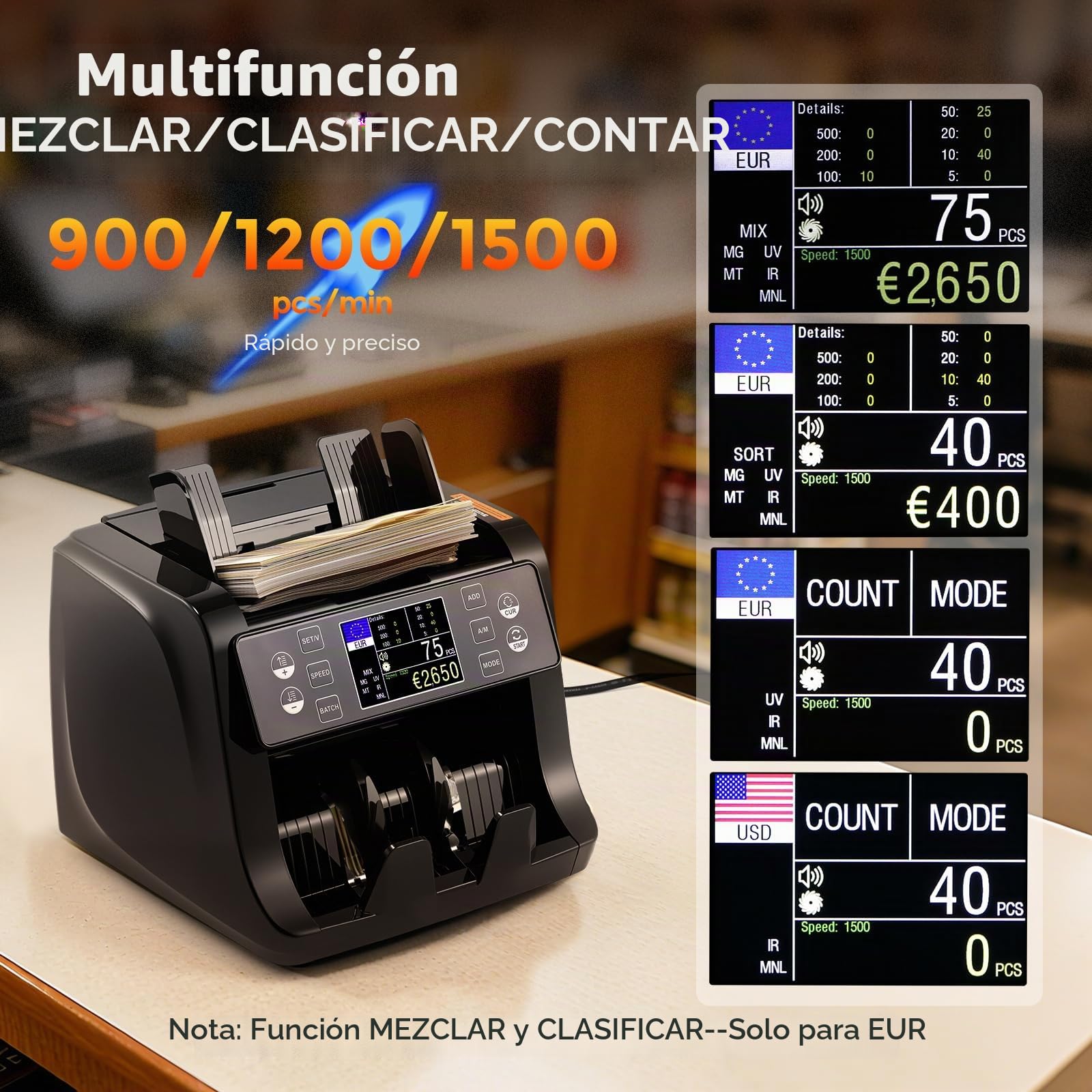 Bonvoisin Maquina de Contar Billetes, Totaliza Las Denominaciones Mixtas | 1500 Billetes/Min, Detección UV/IR/MG/MT, Clasificación, Lotes y Acumulación, Pantalla TFT HD, Para Bancos y Empresas
