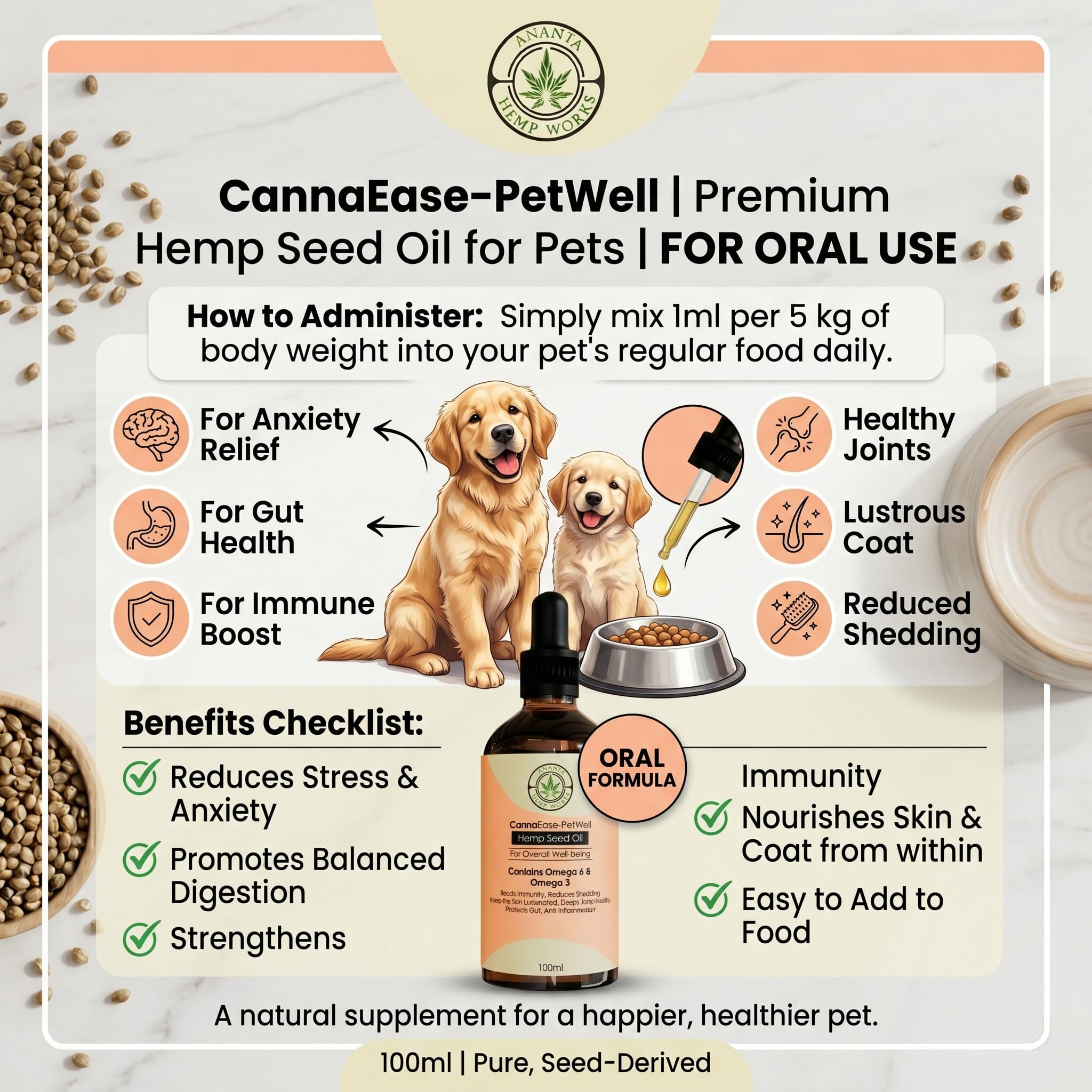 Ananta Hemp Works Hemp Seed Oil for Dogs & Cats 100 ml | Anti-Inflammatory & Reduces Shedding | Natural | Supports Skin, Gut, Joint & Coat Health | Pet Care Massage Oil | No Side Effects — Amazon image 6