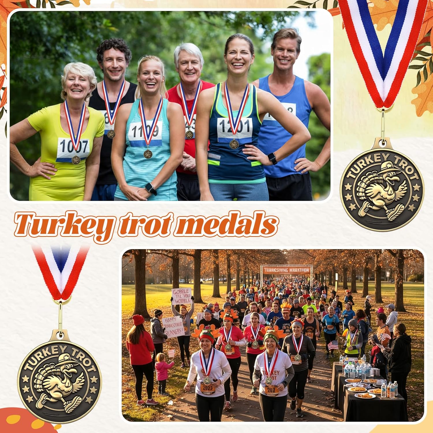 Kigeli Turkey Trot Medals 2'' Thanksgiving Turkey Medals Turkeys Gold Award Bowl Prizes Trophies with Ribbon Bulk for Thanksgiving Trot Bowl, Community Holiday Events, Sports Day Prizes
