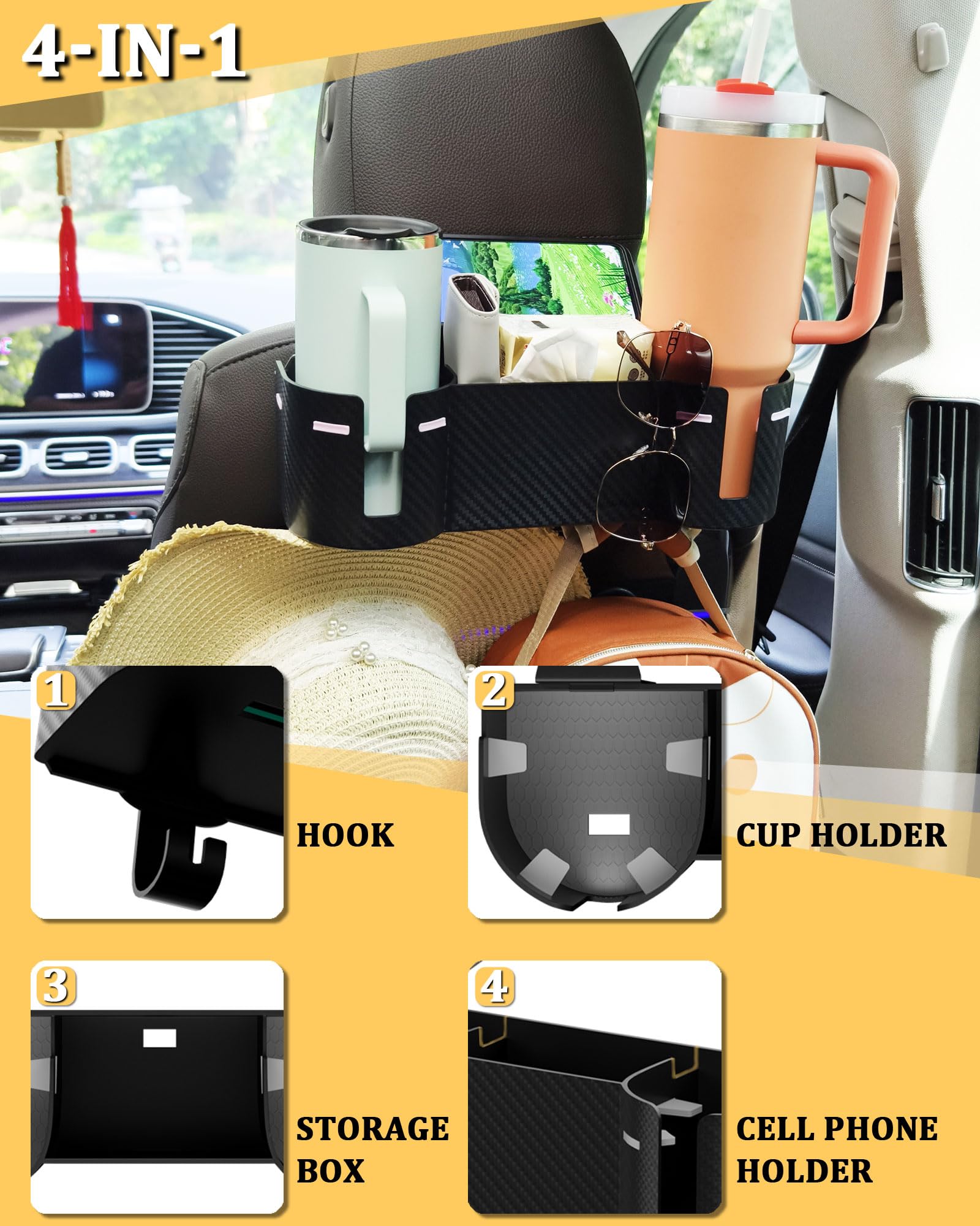 Car Headrest Backseat Cup Holder 3.7" with Organizer, High Capacity 4 in 1 Seat Back Organizer with Headrest Hooks, Multifunctional Storage for Car Travel Accessories Compatible with Most Vehicles