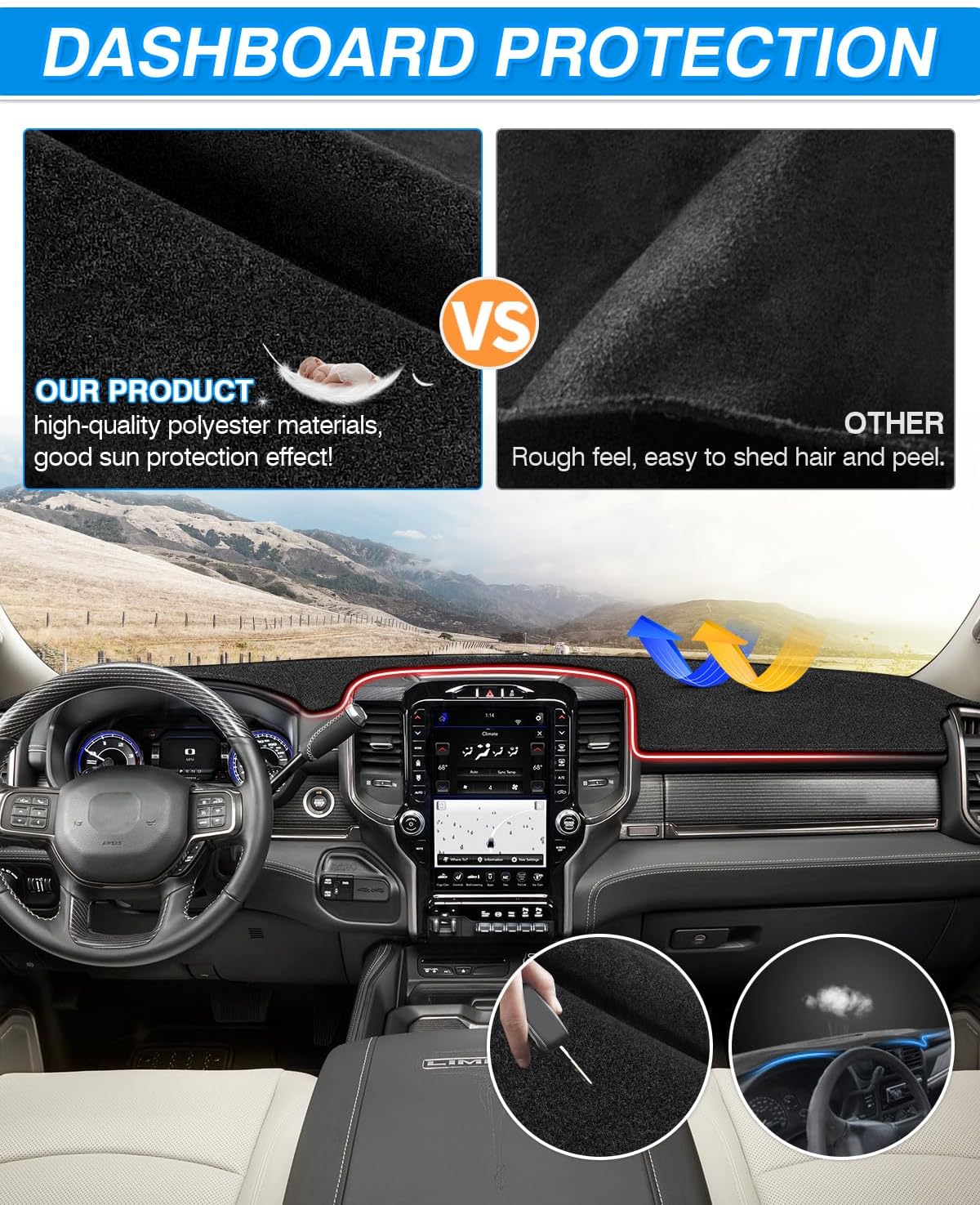 Cartist Dashboard Cover for 2019-2026 Dodge Ram 1500 2500 3500 Dash Cover,OEM Custom Fit Anti-Glare UV Protection Dash Mat,Non-Slip Polyester Car Interior Accessories