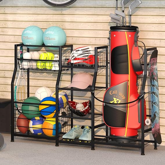 Sonyabecca Garage Sports Equipment Organizer 2 Golf Bag Stand Golf Storage Organizer for Garage with Basket and Hooks, Storage Rack for 2 Golf Bag, Golf Gift for Men, Gifts for Father