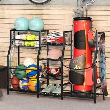 Sonyabecca Garage Sports Equipment Organizer 2 Golf Bag Stand Golf Storage Organizer for Garage with Basket and Hooks, Storage Rack for 2 Golf Bag, Golf Gift for Men, Gifts for Father