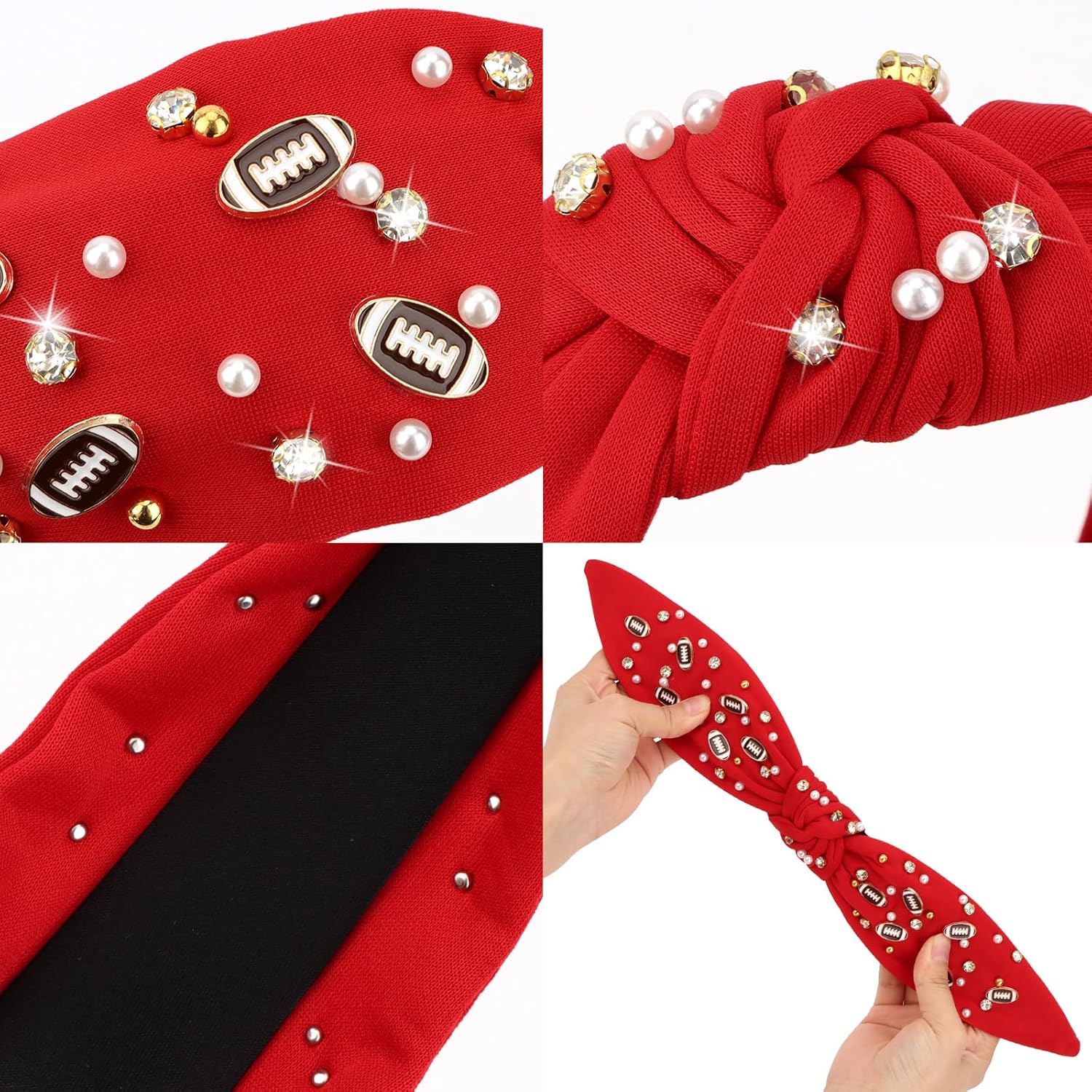 Football Headbands for Women Crystal Football Embellished Wide Top Knot Headband for Women Game Day Hair Accessories (Red) - Image 7