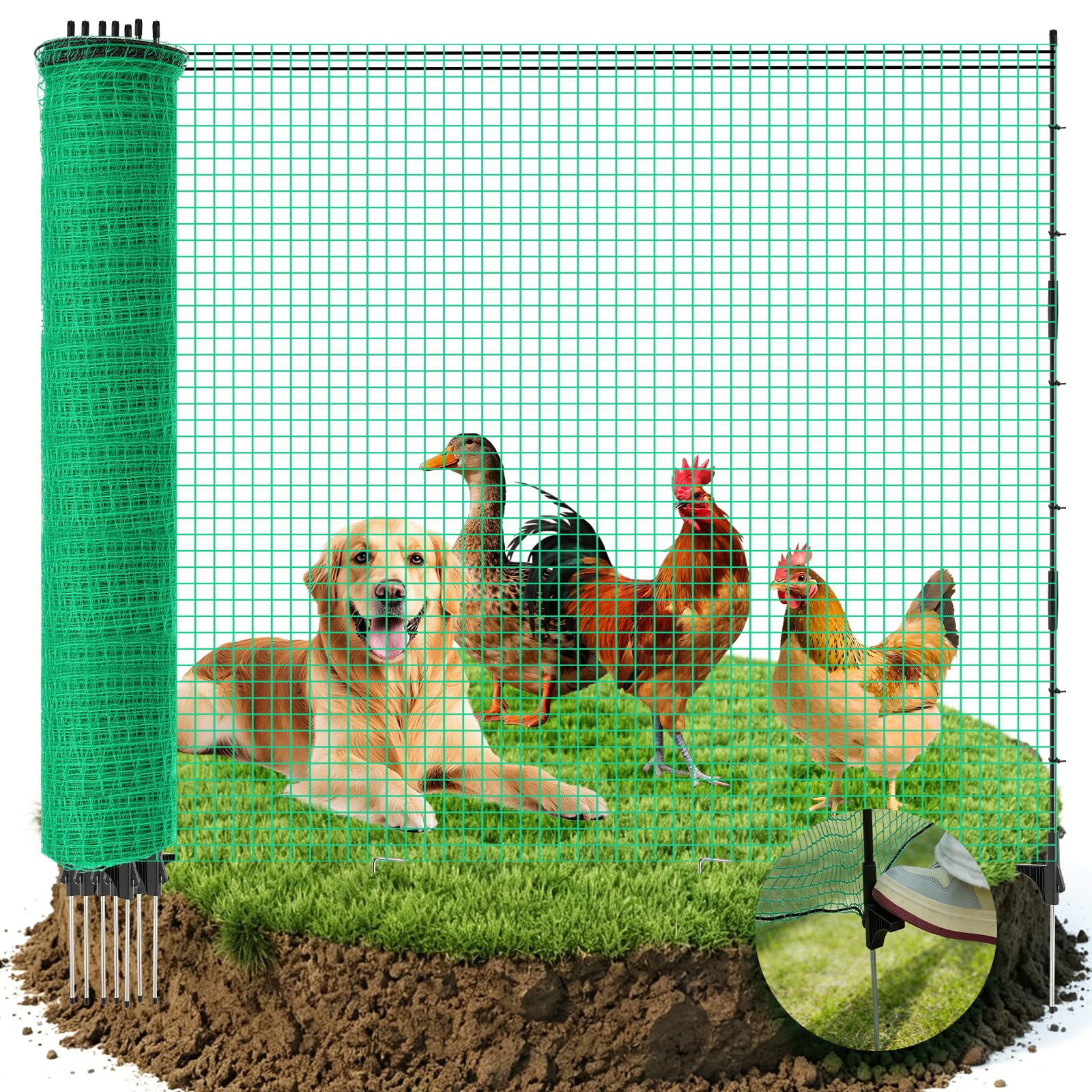 Photo 1 of 4' x 100' Temporary Fence with Posts, Plastic Temporary Fencing with Fiberglass Posts, Windproof Rope and Ground Stakes, Portable Fence Outdoor for Gardens, Chicken Coops and Outdoor Animal Protection