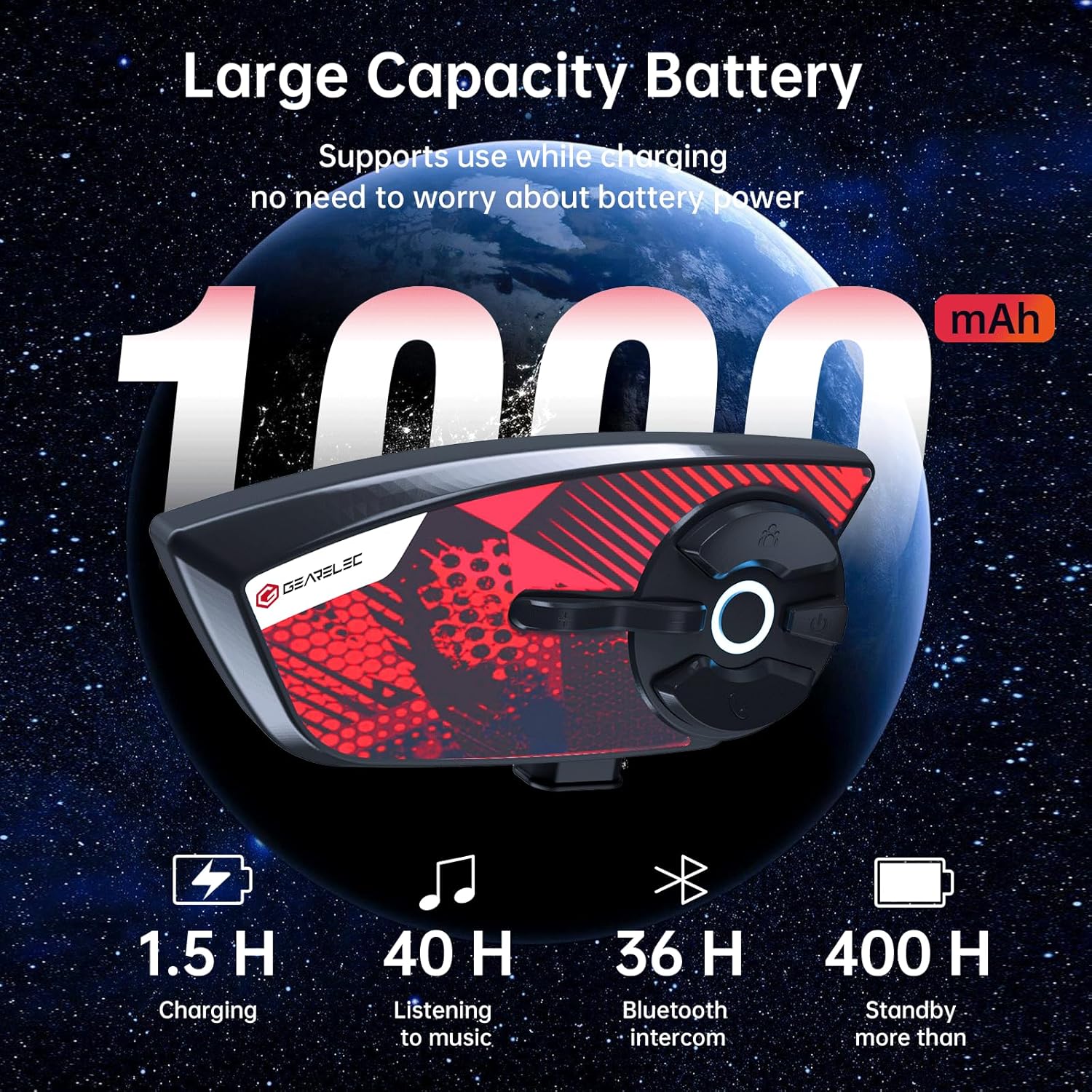 Large Capacity Battery: 1000mAh, 1.5H charging, 40H music, 36H intercom, 400H standby