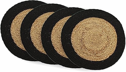 Miniatura 1 de Chardin home Mantel redondo Verona tejido de yute y algodón trenzado (juego de 4), tamaño redondo de 15 pulgadas, color yute natural con borde negro.