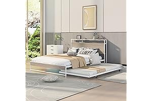 Queen Bed with Trundle, Metal Bed Frame with Twin Size Trundle