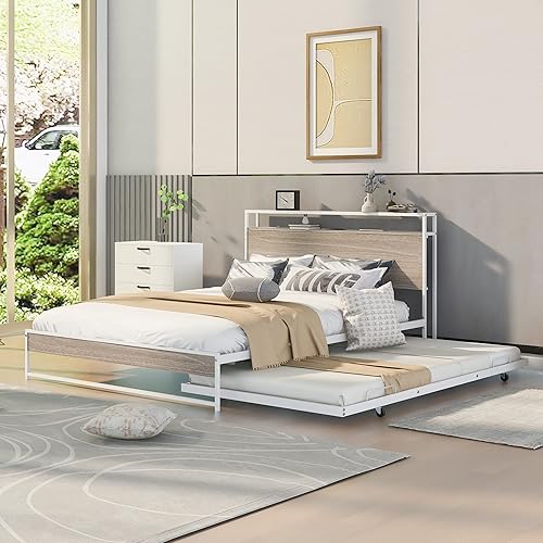 Miniatura 1 de Harper & Bright Designs Cama de plataforma Queen con nido y puertos USB, marco de cama Queen de metal con cabecera de almacenamiento y soporte de
