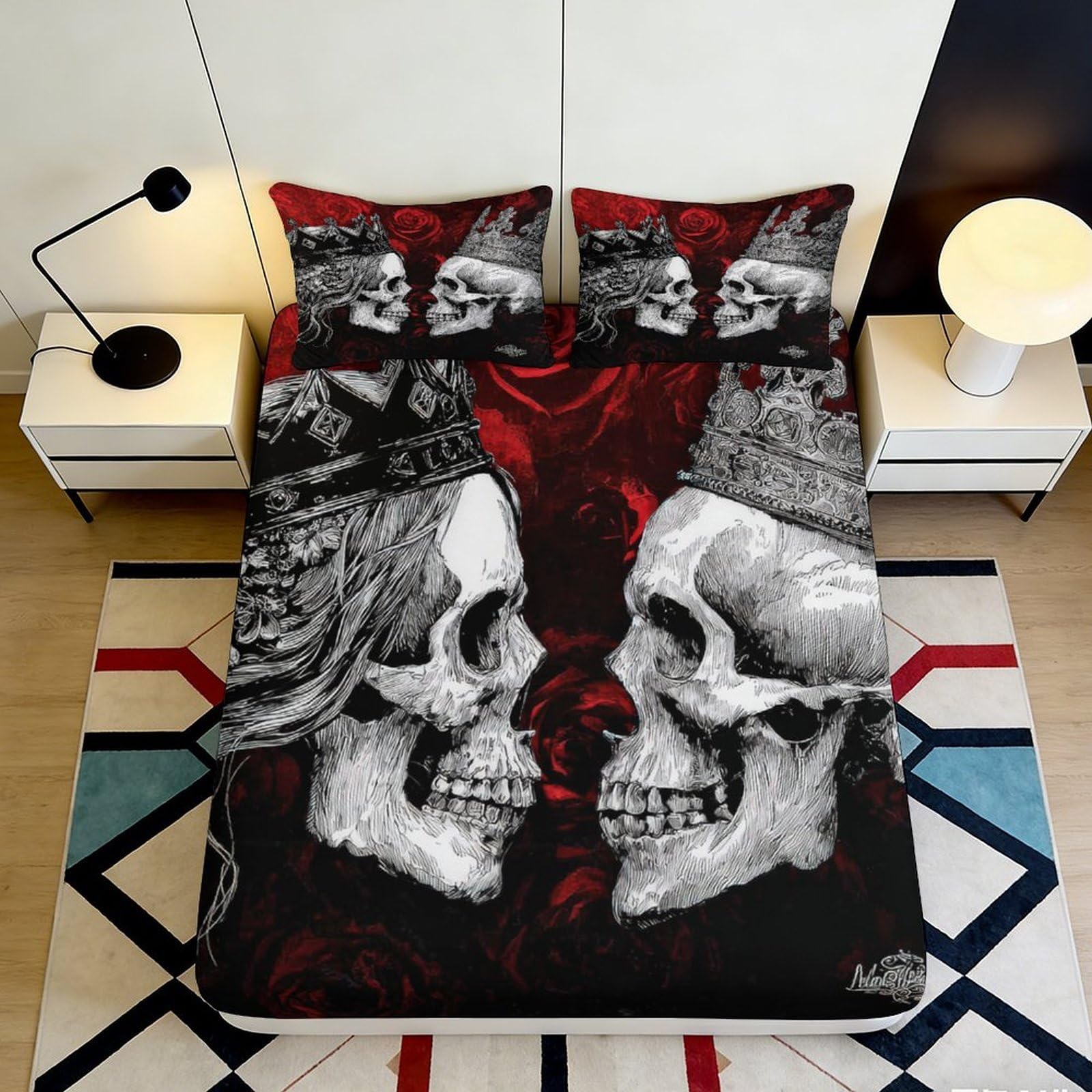 3D Printed Skull Crown Fitted Sheet Microfiber Gothic Rose Mattress Cover for Bedroom Dorm Mattress Protection Decor 180x200x25cm
