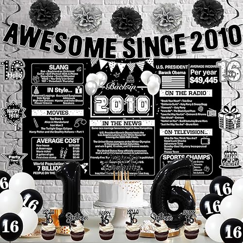 Miniatura 8 de Crenics Decoraciones negras de cumpleaños número 16 para niños y niñas, telón de fondo del año 2010, impresionante desde 2010, pompones de papel,