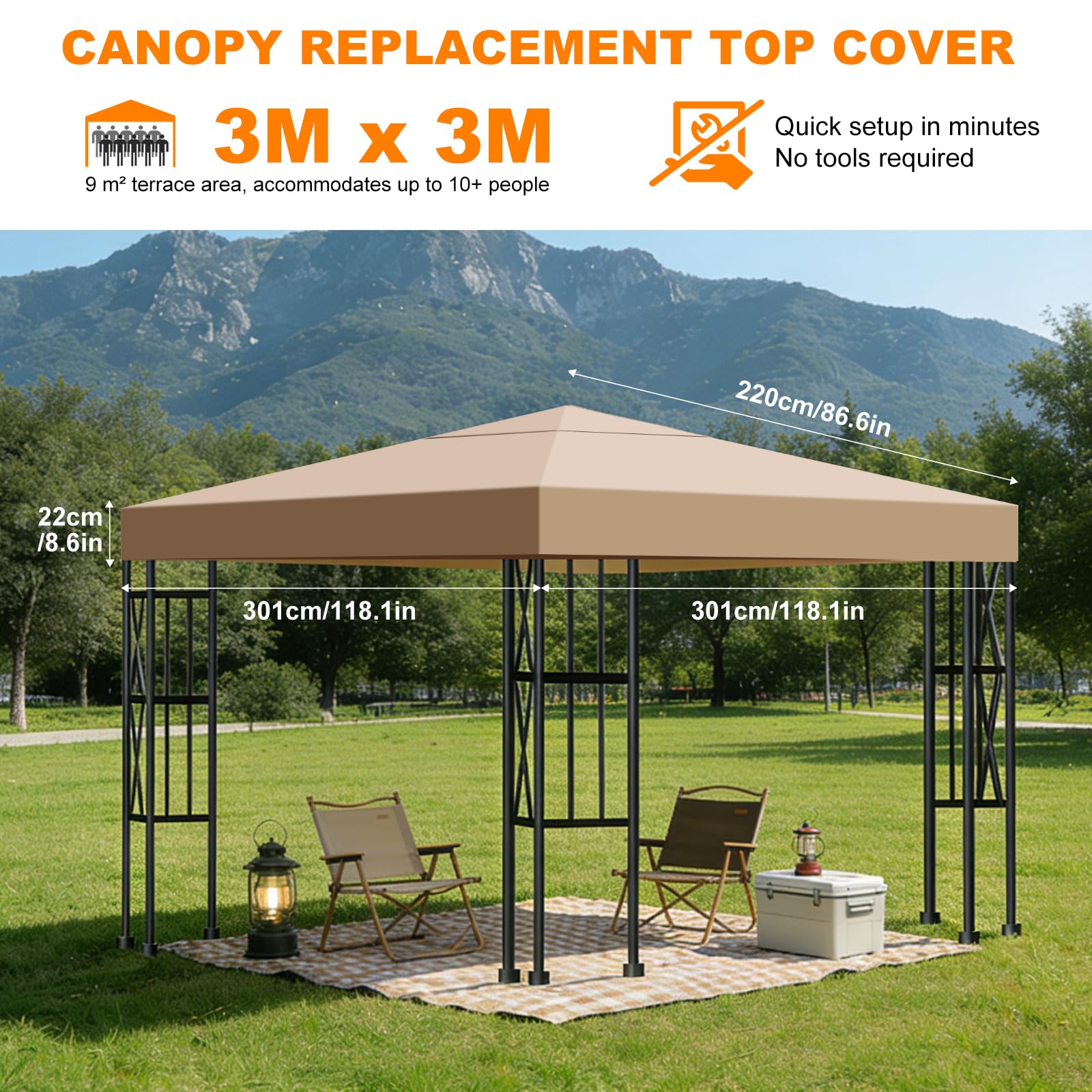 Toldo Recambio 3x3 m Pergola - Toldo Cenador 3x3 Carpa Plegable de Jardín, Ventilación y Protección UV Techo Repuesto para Cenador Impermeable para Exteriores Jardín, Terrazas, Camping y Playa