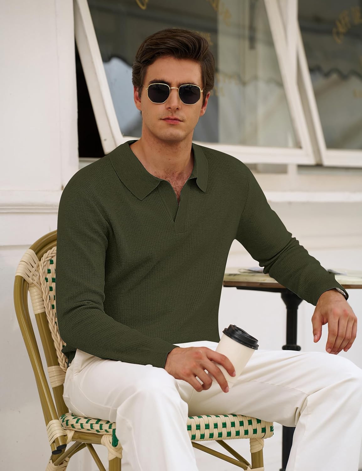 Cotrasen Mens Pullover Sweater Collared Long Sleeve Textured Casual Lightweight V Neck Ribbed Knit Polo Sweater - Image 2