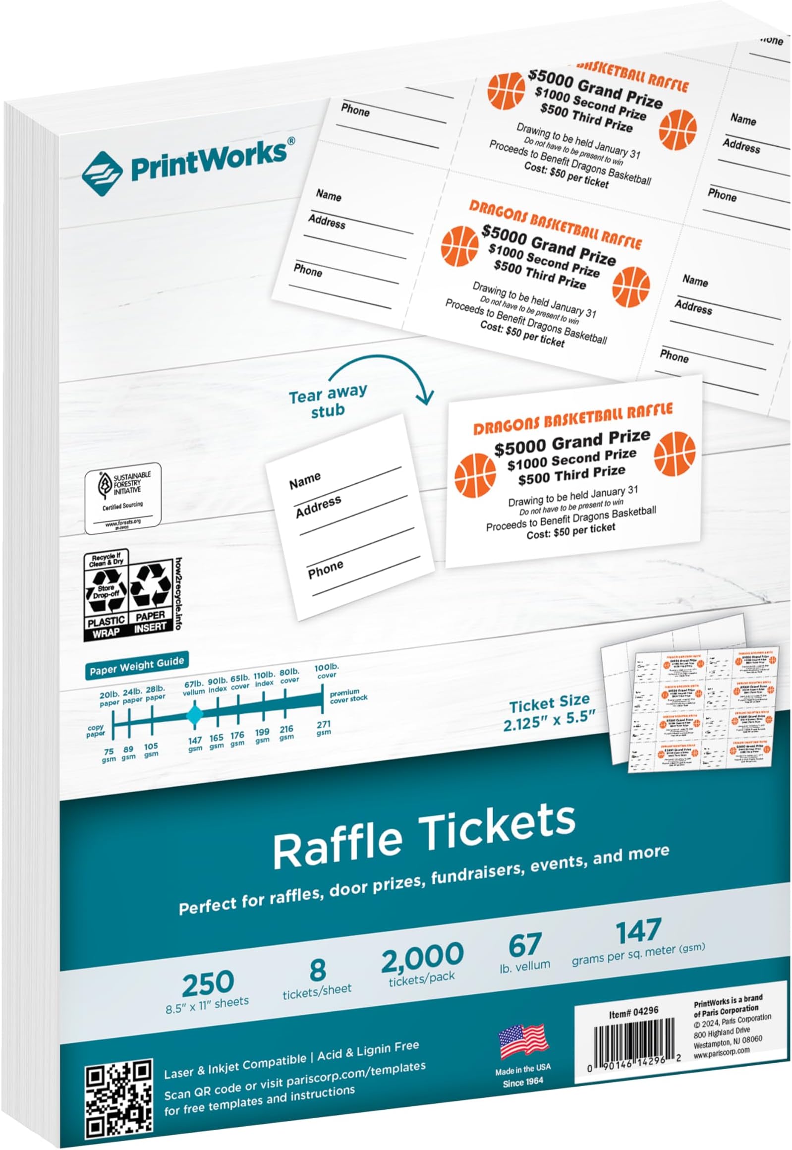 PrintWorks Heavyweight Perforated Cardstock for Raffle Tickets, Coupons, and More, Tear-Away Stubs, 8.5 x 11, 67 lb, 8 Tickets Per Sheet, 250 Sheets, 2000 Tickets Total, White (04296) (2.125 x 5.5)