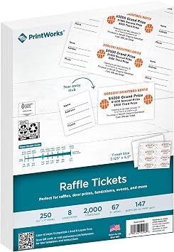 PrintWorks Printable Raffle Tickets With Tear-Away Stubs for Events & Fundraisers - 2000 Custom Tickets Size 2.125" x 5.5" - 8 per Sheet - 250 Sheets 8.5" x 11" - Made in the USA - White 04296