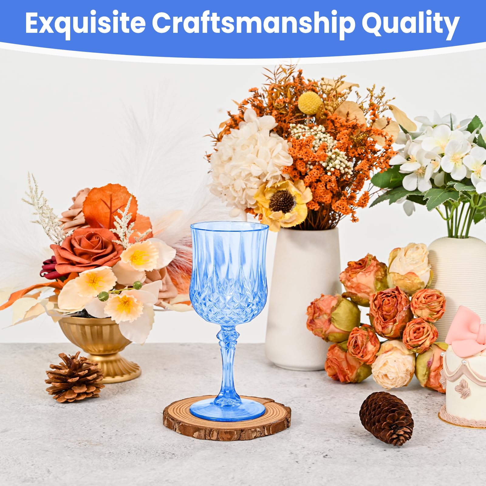 Lot de 48 verres à vin en plastique bleu clair, verres à vin vintage en plastique pour fêtes, verres à eau réutilisables pour réception de mariage, grand événement