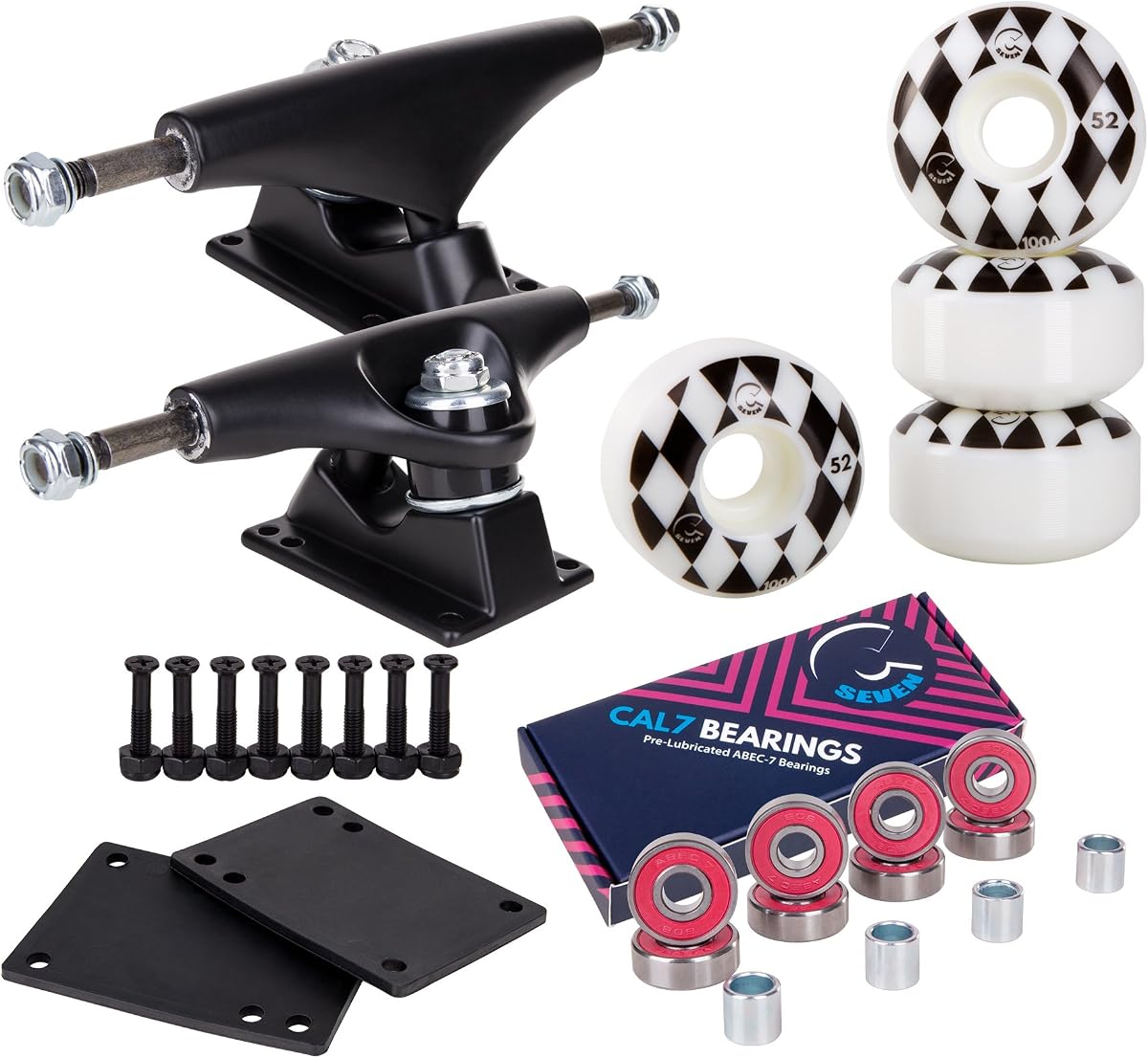 Cal 7 Skateboard Complete Combo with 139 mm Trucks, 52 mm Wheels, Bearings, Durable Skateboard Hardware Kit, Starter Set for Standard Skateboards