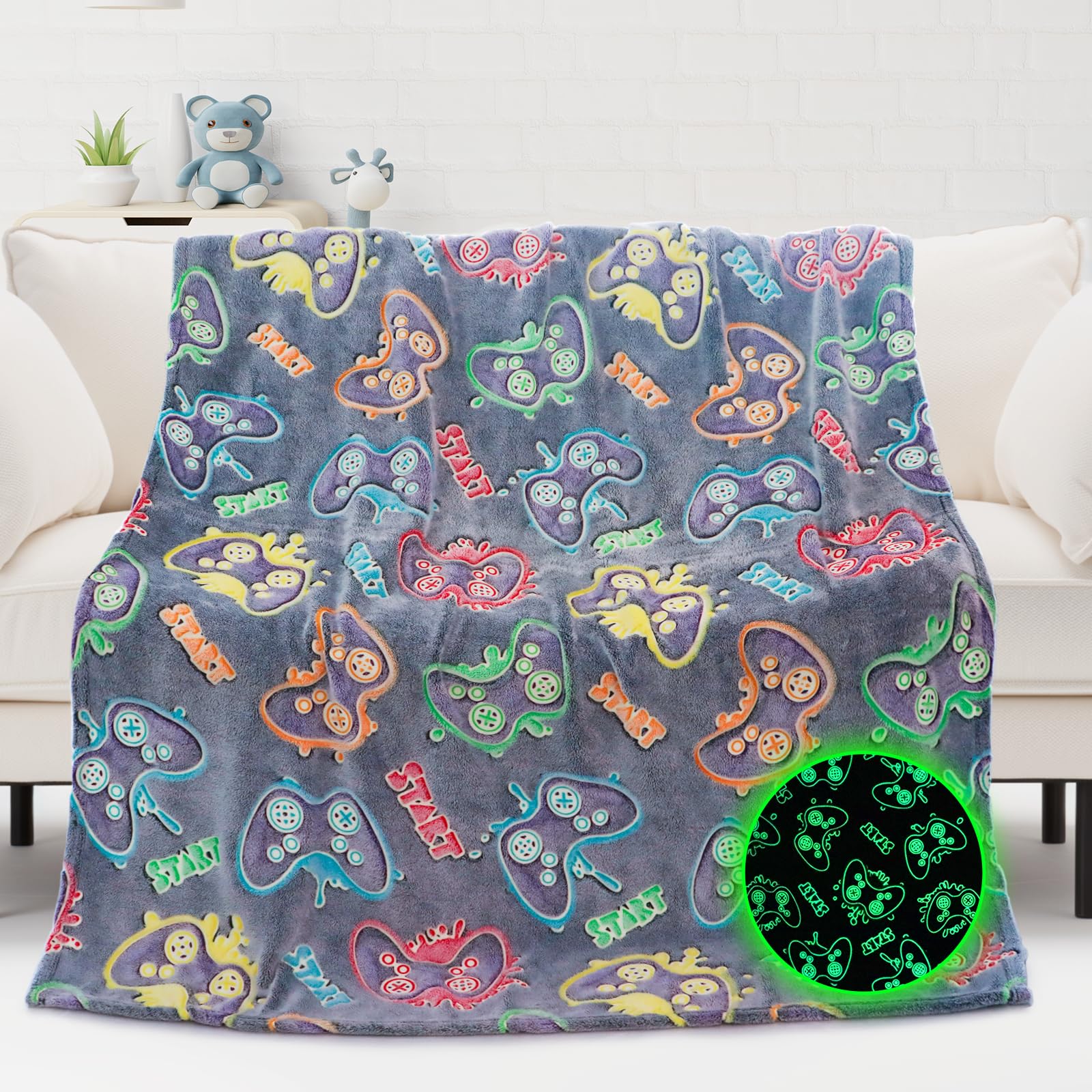 FBBP Glow in The Dark Game Video Blankets for Boys Room Decor Plush Soft Gaming Blanket Throws Cute Game Gifts for Men Boyfriend Teen