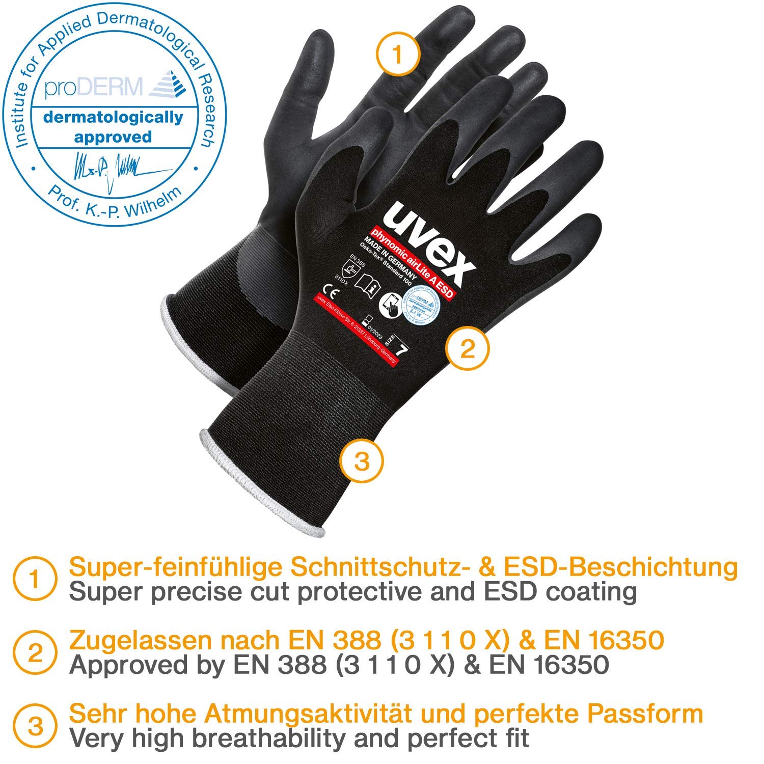 uvex phynomic airLite A ESD Guantes de Trabajo - 10x Pares Guantes para Ensamblaje - 9/L