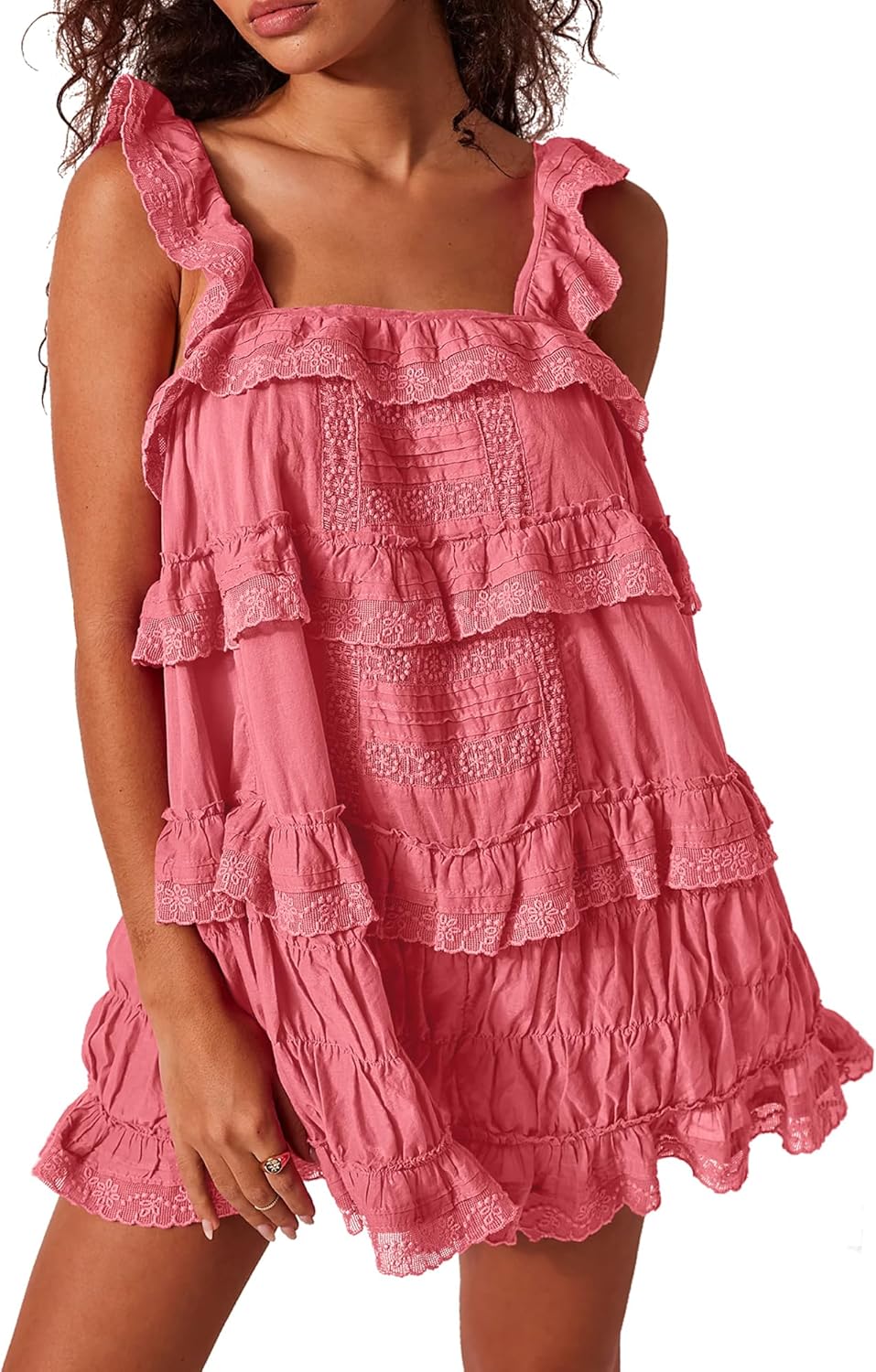 (size s) gacaky women's summer casual sleeveless rompers ruffle flowy boho sun dress loose mini dress with built-in shorts