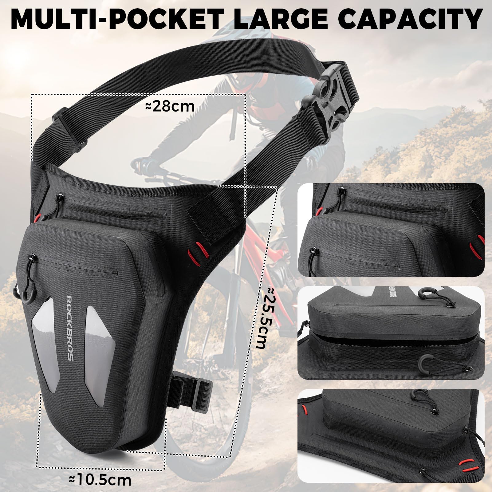 ROCKBROS Bolsa Pierna de Moto, Riñonera Motocicleta con Correa Extensible y Bandas Reflectantes para Ciclismo Senderismo Viajes Actividades al Aire Libre