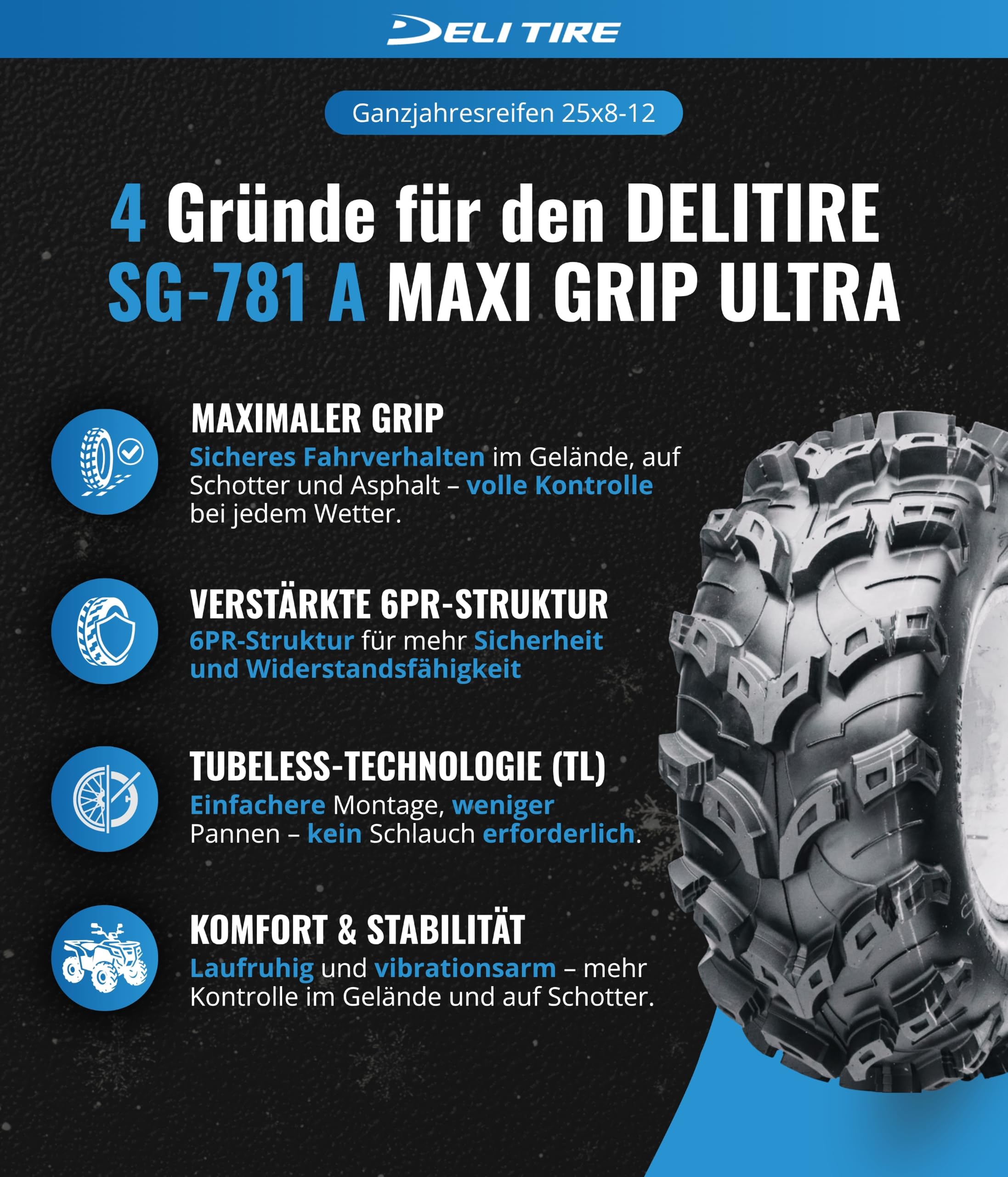 Quad Reifen DELI SG-781A 25x8-12 Ultra Maxi Grip 6 PR TL ATV und Quad Neu