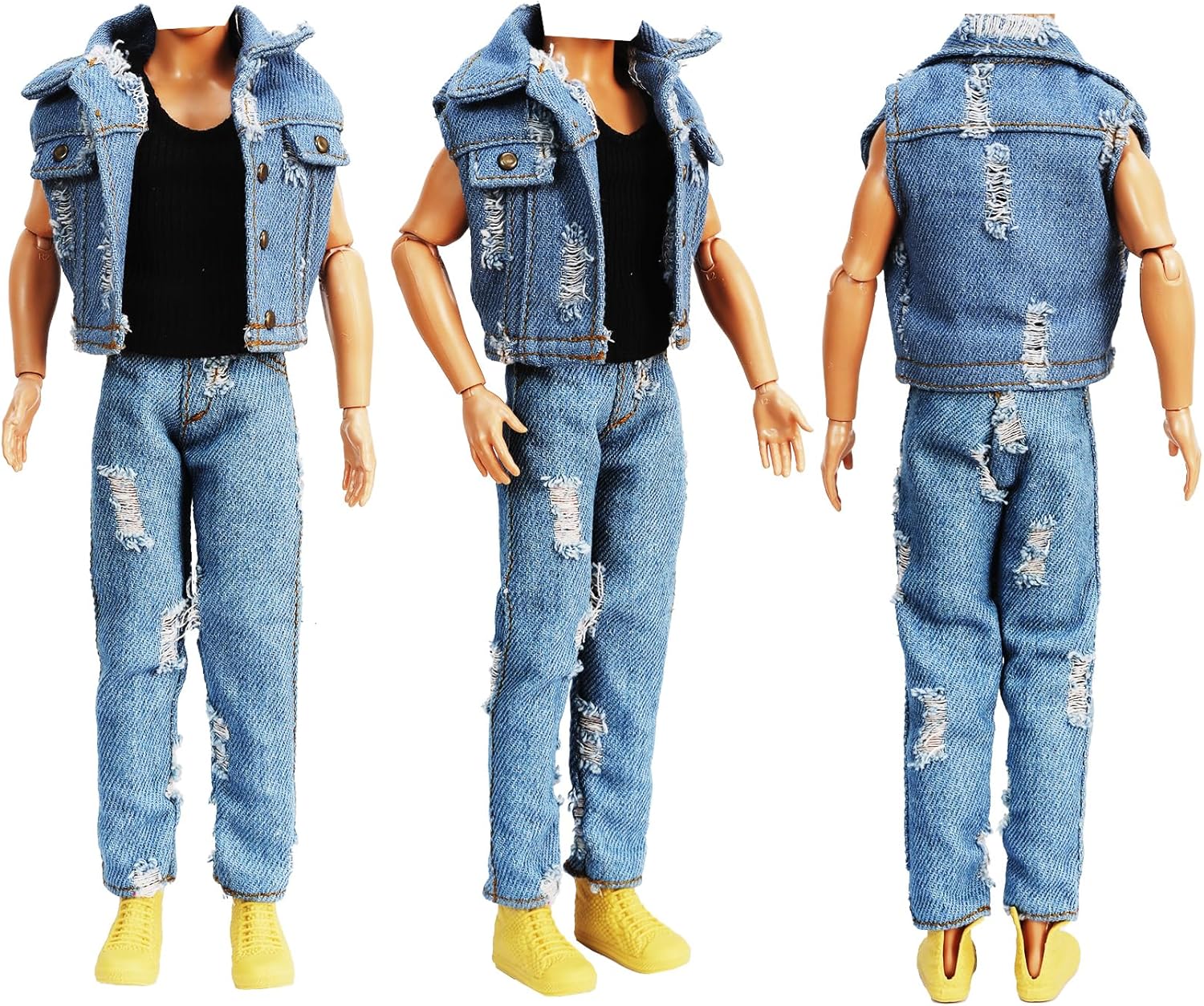 E-TING 3-item Denim Set =Ripped Denim Vest Jacket Set Casual Clothes for 12inches Boy Doll(Not Including Dolls Shoes and Guitar)