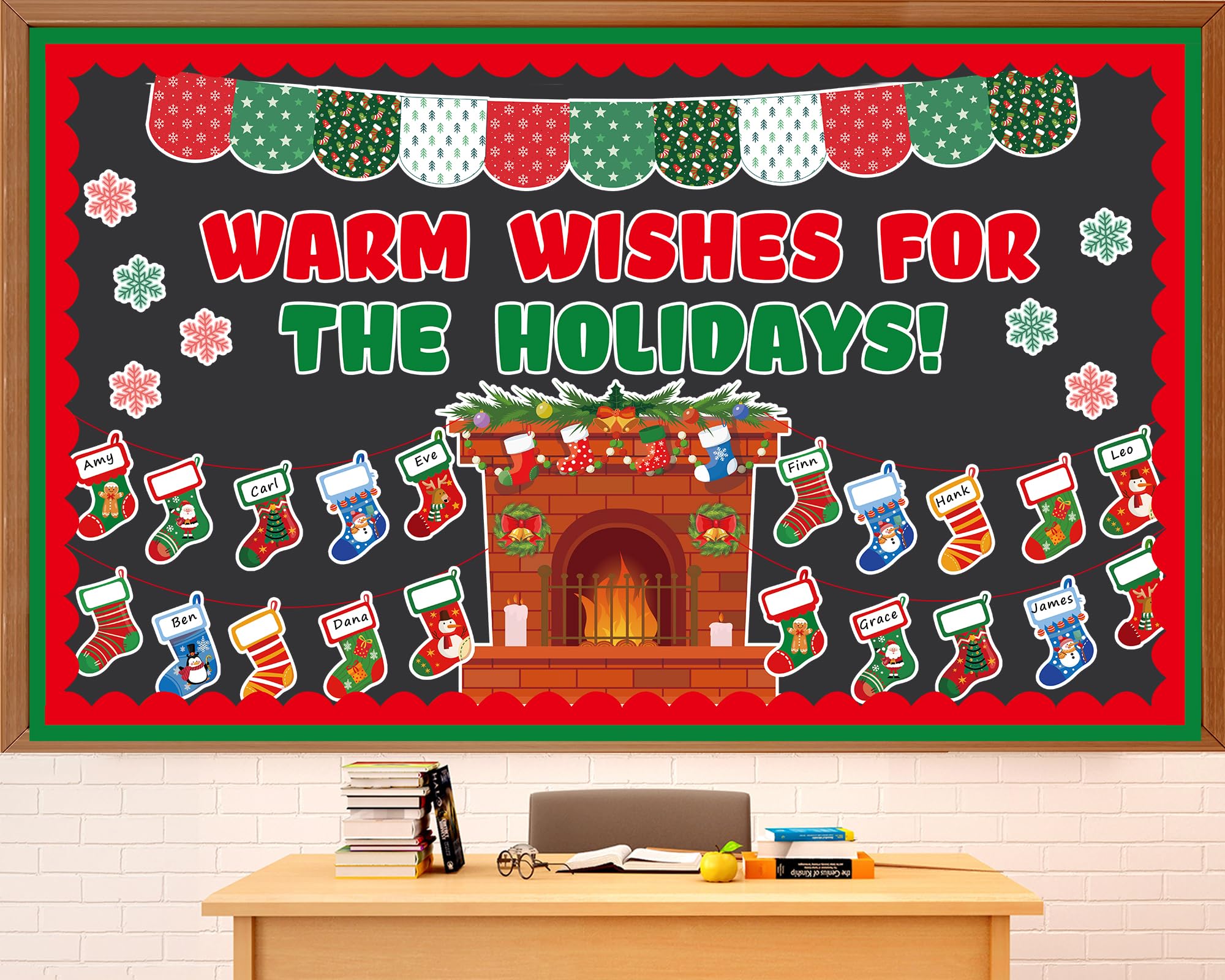 65Pcs Christmas Fireplace Bulletin Board Set Xmas Warm Wishes for The Holidays Classroom Decorations Winter Stocking Hearth Holiday Paper Cutouts for Winter School Home Chalkboard Wall Door Supplies